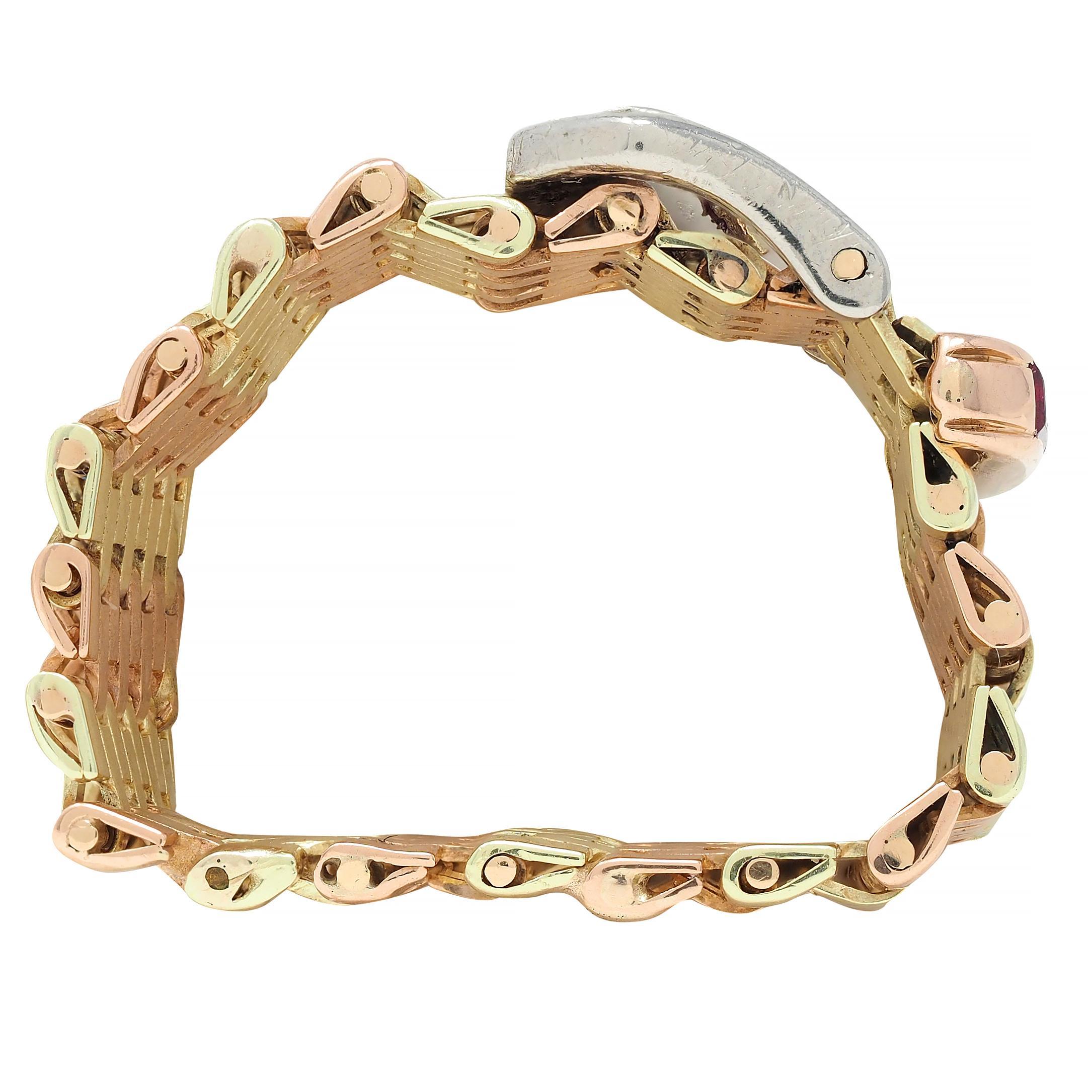 Retro Diamond Ruby Platinum 14 Karat Two-Tone Gold Vintage Buckle Mesh Ring 1