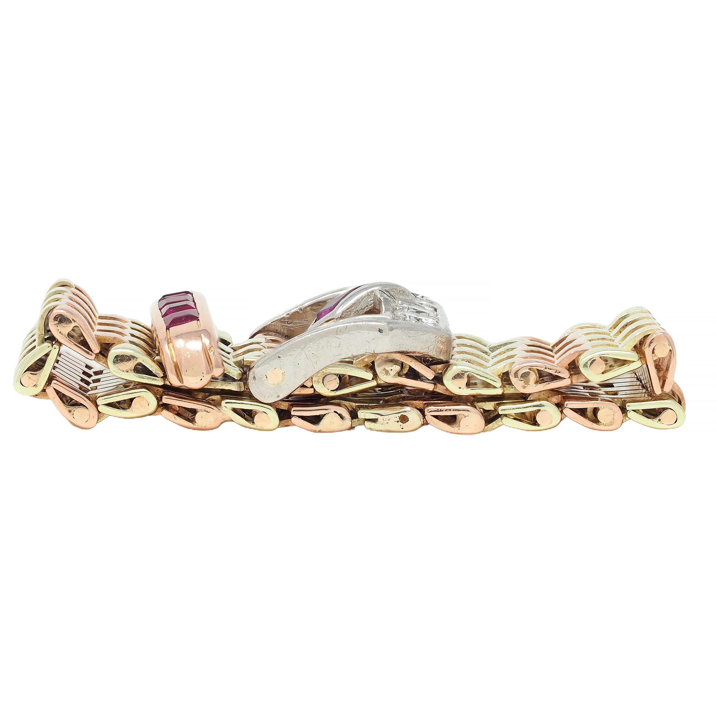 Retro Diamond Ruby Platinum 14 Karat Two-Tone Gold Vintage Buckle Mesh Ring 2