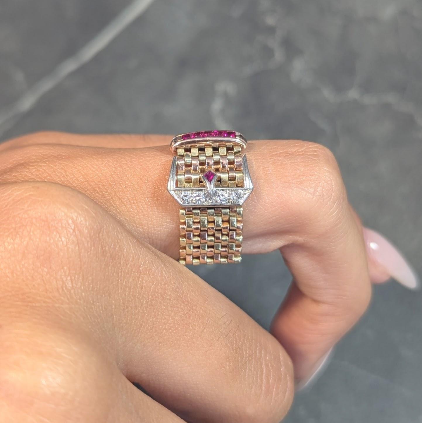 Retro Diamond Ruby Platinum 14 Karat Two-Tone Gold Vintage Buckle Mesh Ring 4