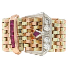 Retro Diamond Ruby Platinum 14 Karat Two-Tone Gold Vintage Buckle Mesh Ring