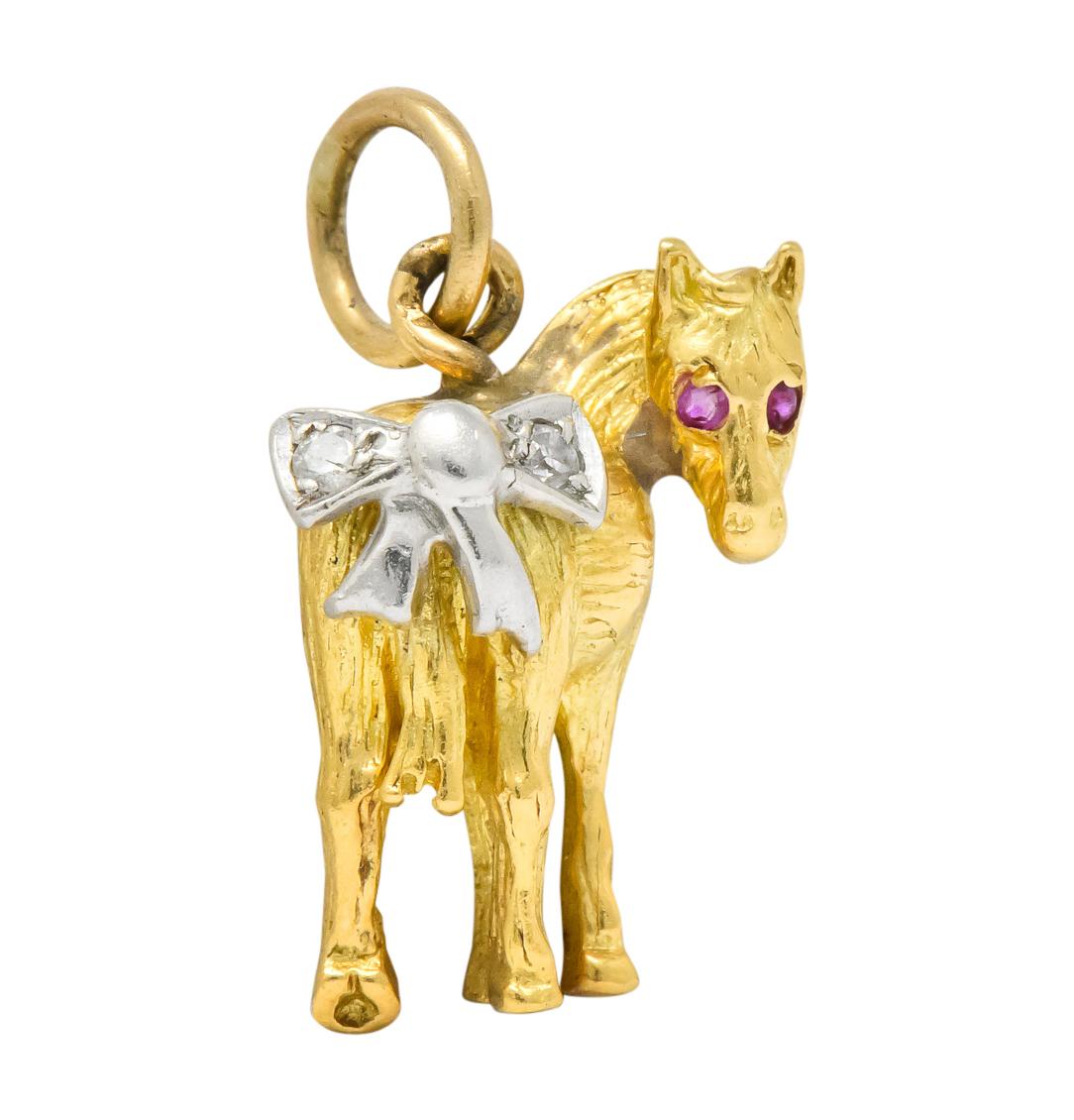 Retro Diamond Ruby Platinum 18 Karat Gold Donkey Charm In Excellent Condition In Philadelphia, PA