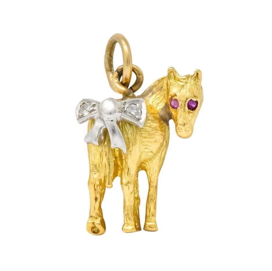 Women's or Men's Retro Diamond Ruby Platinum 18 Karat Gold Donkey Charm