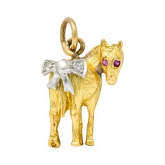 Retro Diamond Ruby Platinum 18 Karat Gold Donkey Charm