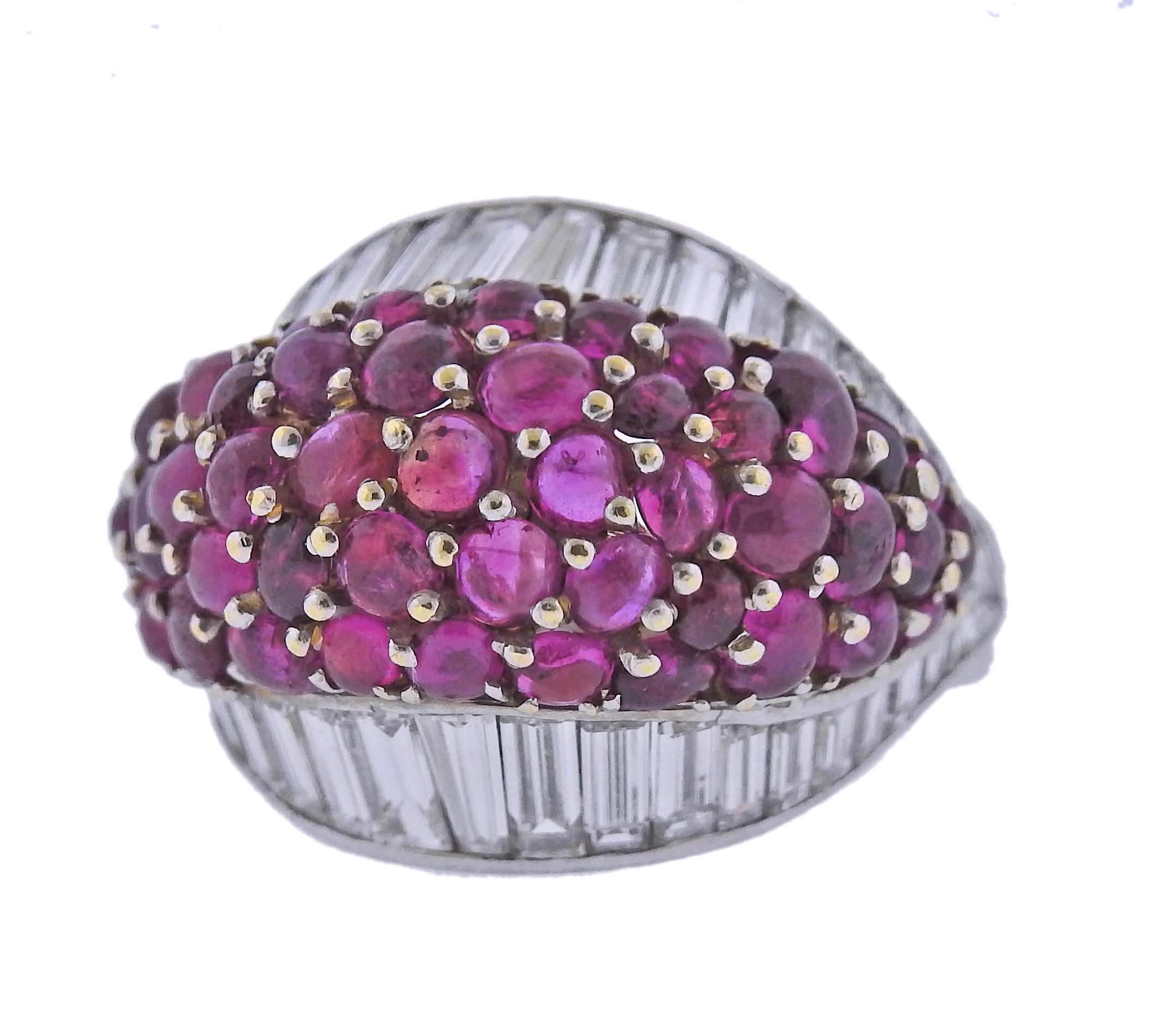 Retro platinum cocktail ring, with rubies and approx. 1.50ctw in VS-Si/H baguette diamonds.  Ring size 6.5, Top is 19mm wide. Tested plat/18k. Weight - 13.4 grams.