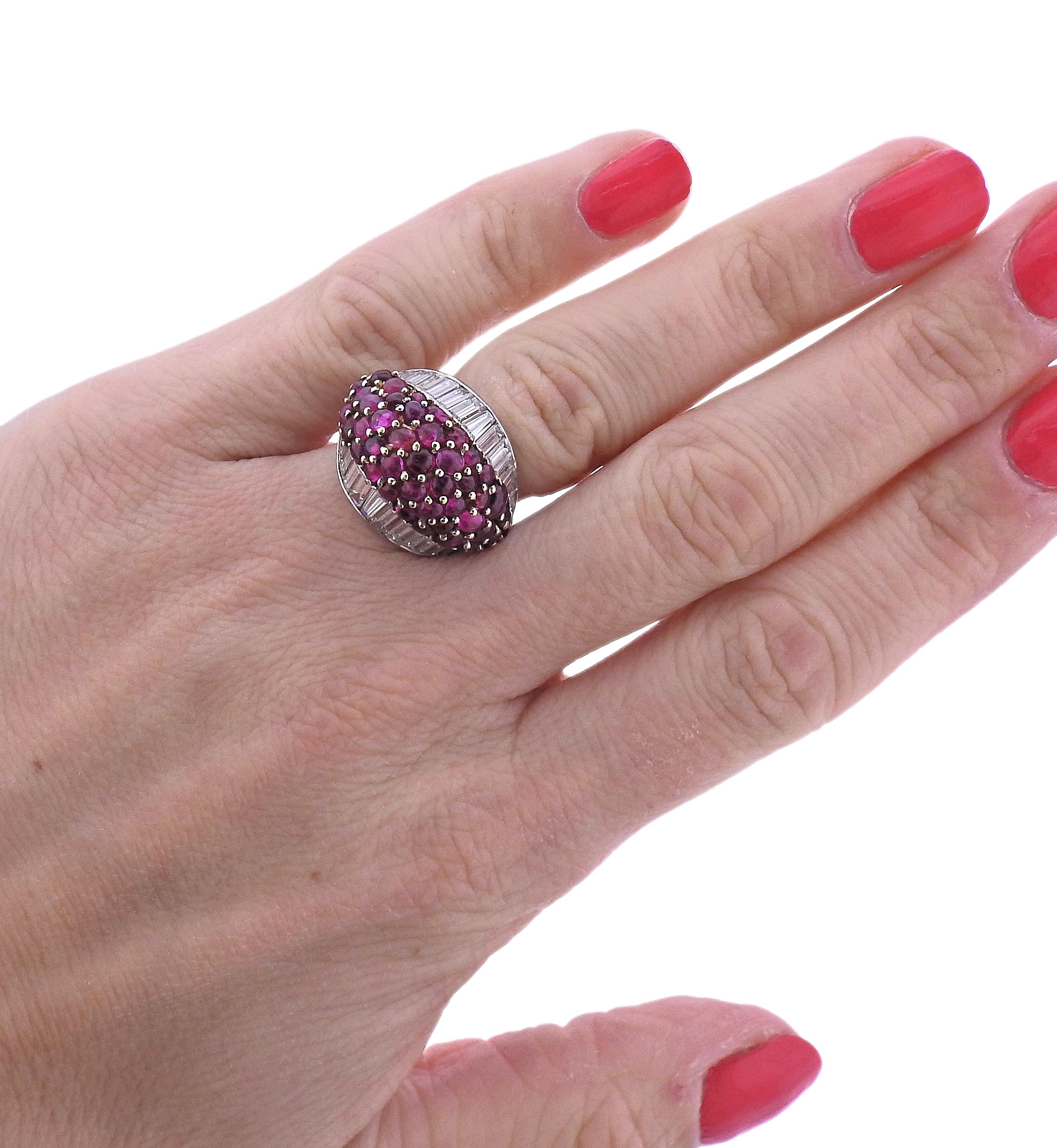 Retro Diamond Ruby Platinum Gold Dome Ring In Excellent Condition For Sale In Lambertville, NJ