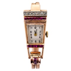 Retro Diamond Ruby Rose Gold Platinum Geometric Ladies Wristwatch