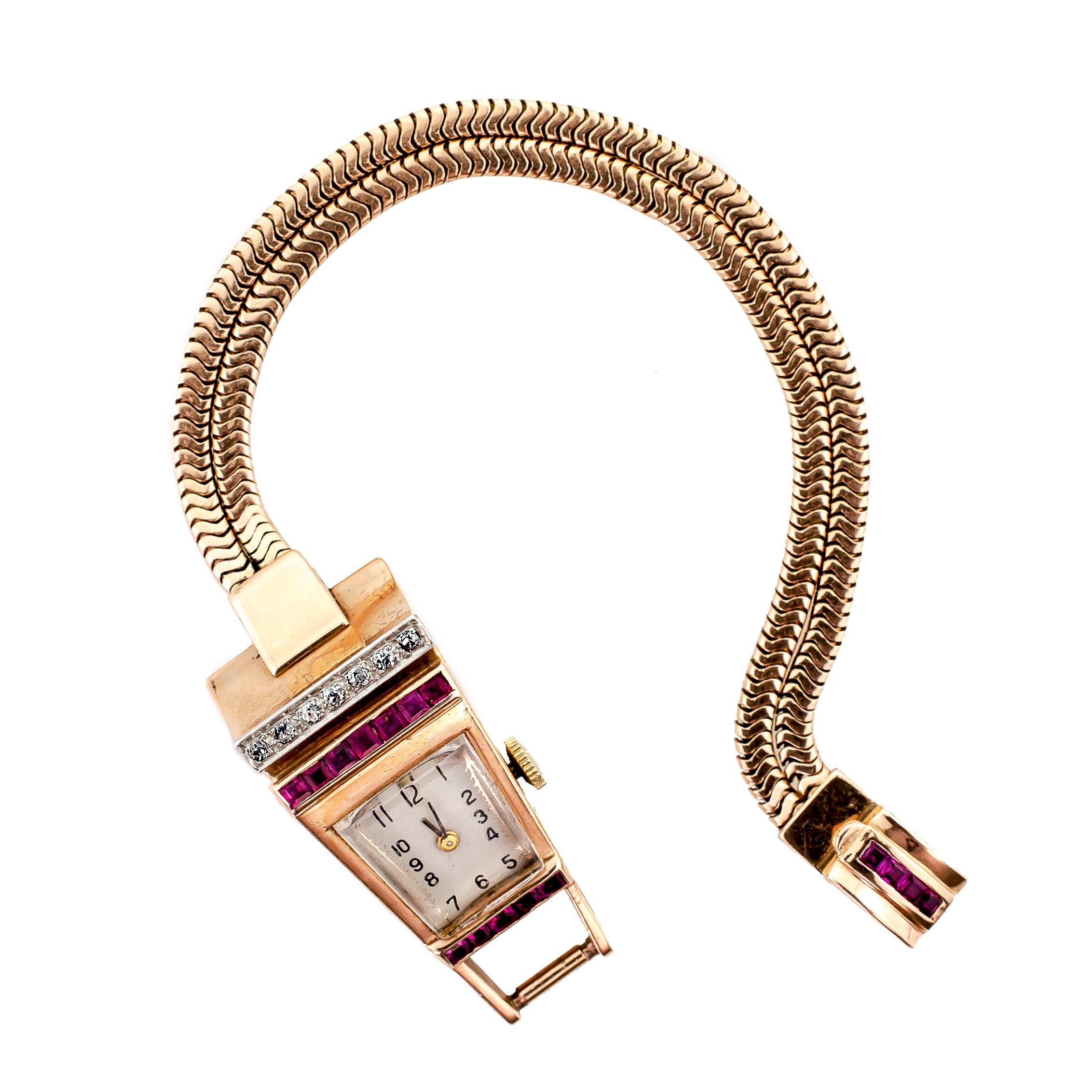 Retro Diamond Ruby Rose Gold Platinum Geometric Ladies Wristwatch For Sale