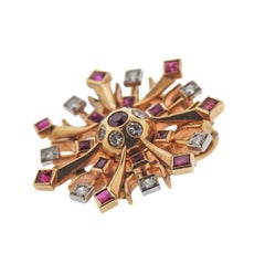 Retro 1940s Diamond Ruby Rose Gold Snowflake Earrings