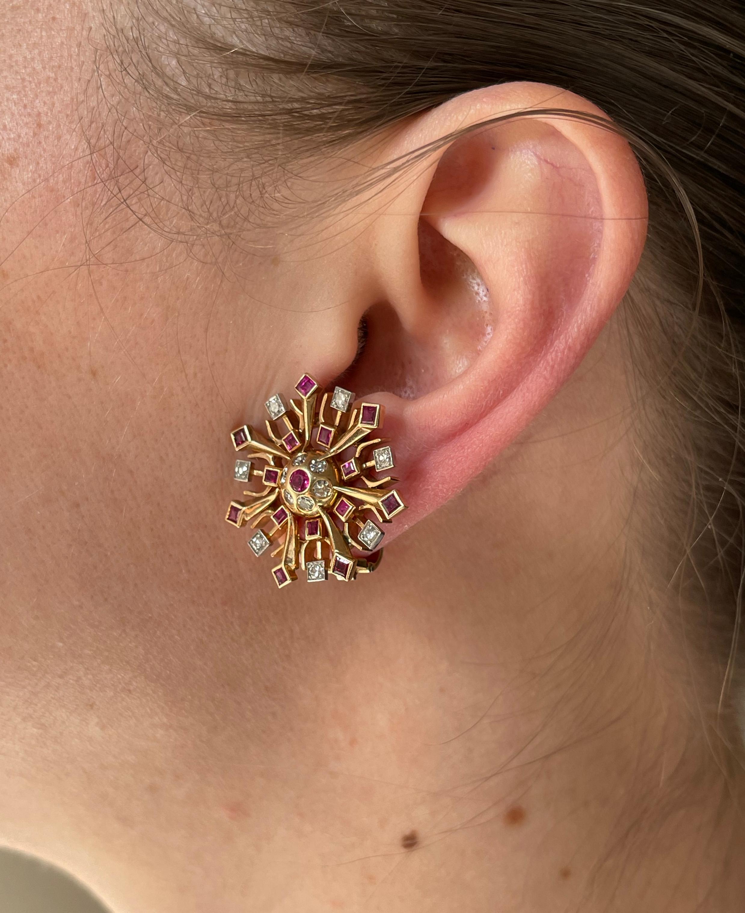 Round Cut Retro 1940s Diamond Ruby Rose Gold Snowflake Earrings For Sale