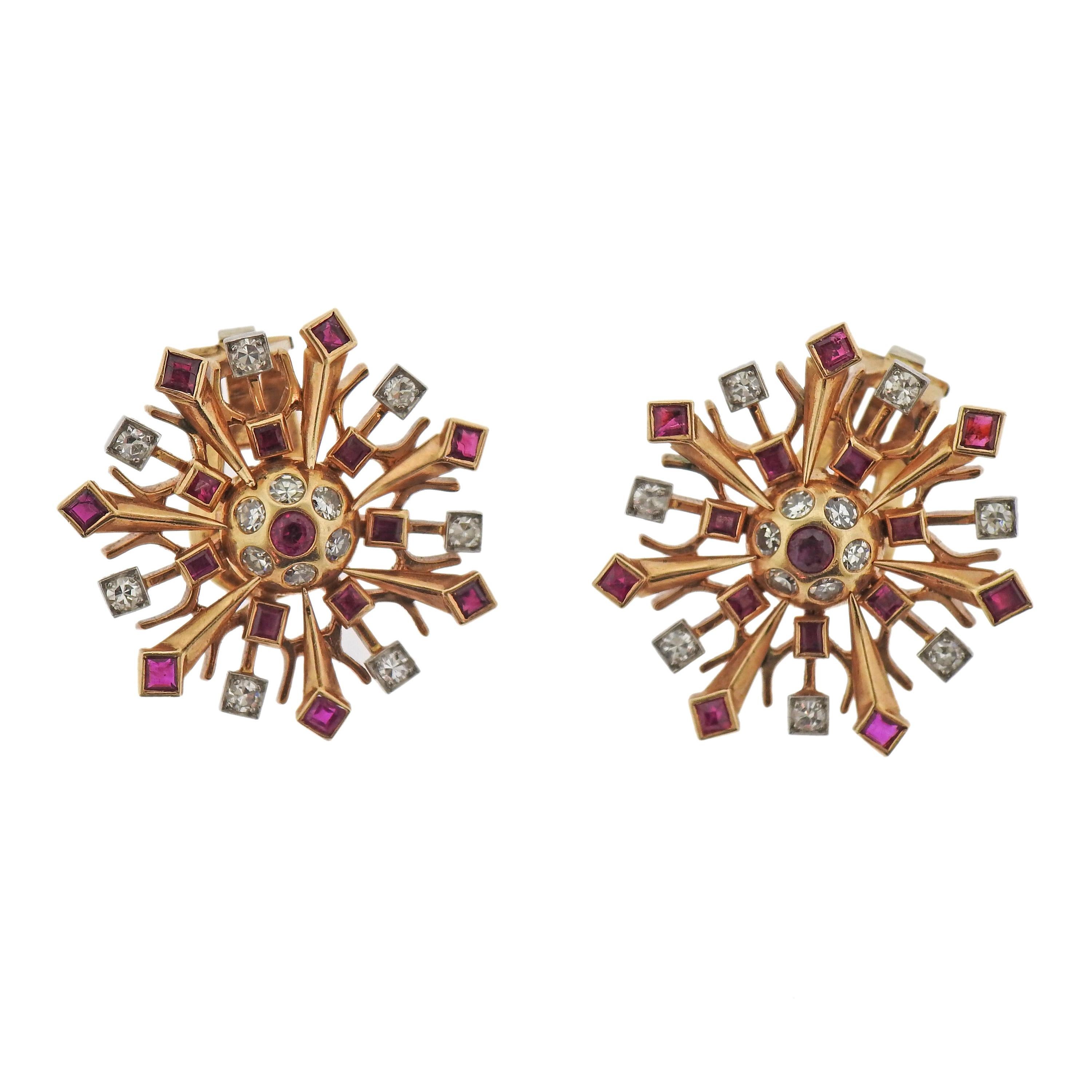 Retro 1940s Diamond Ruby Rose Gold Snowflake Earrings For Sale