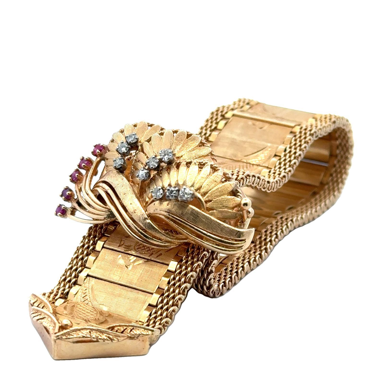 Round Cut Retro Diamond Ruby Wide Buckle 14 Karat Yellow Gold Estate Bracelet