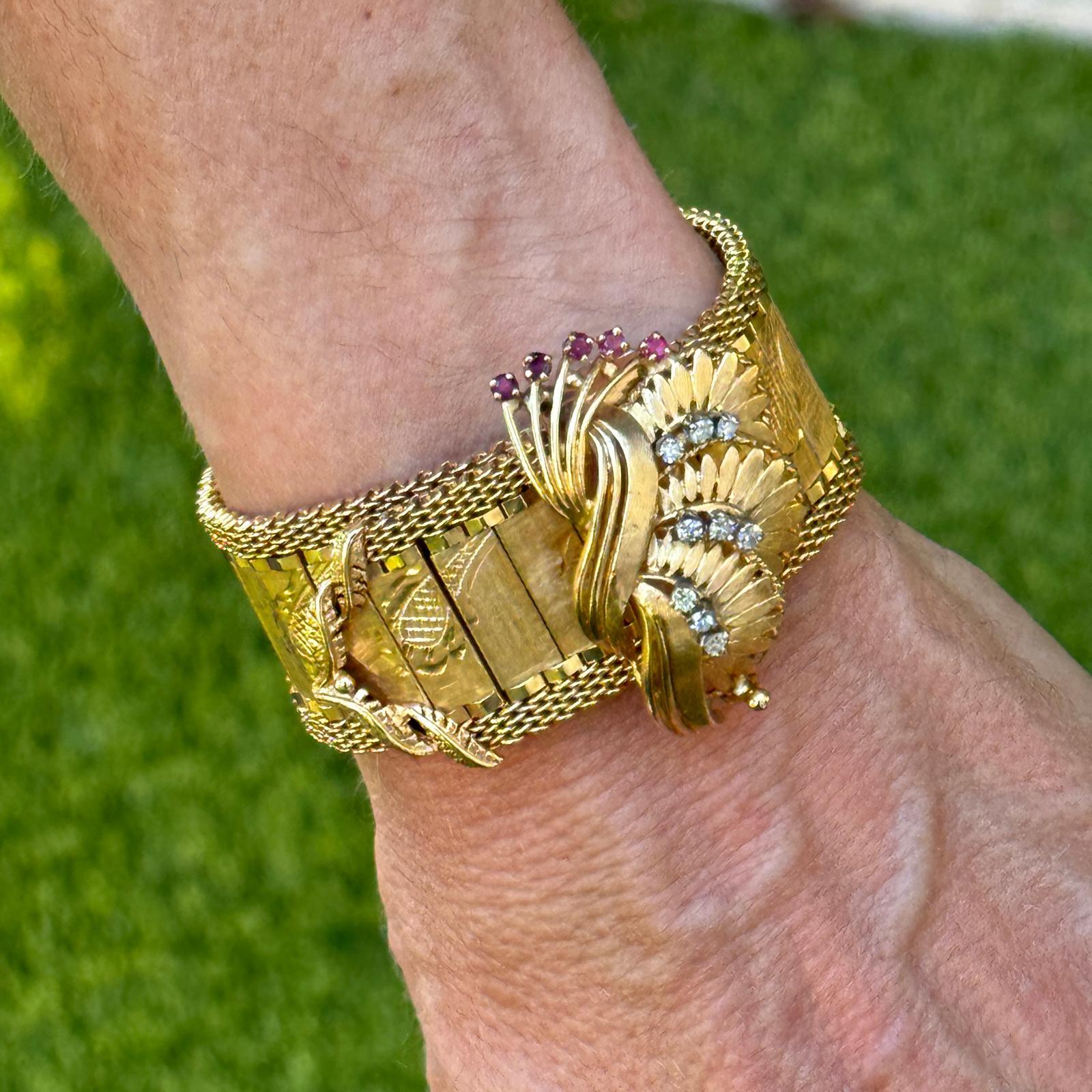 Retro Diamond Ruby Wide Buckle 14 Karat Yellow Gold Estate Bracelet In Excellent Condition In Boca Raton, FL