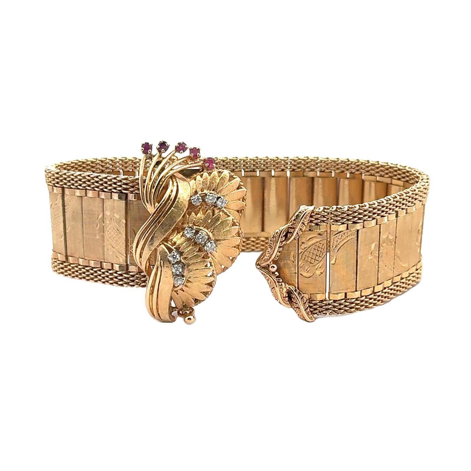 Women's Retro Diamond Ruby Wide Buckle 14 Karat Yellow Gold Estate Bracelet