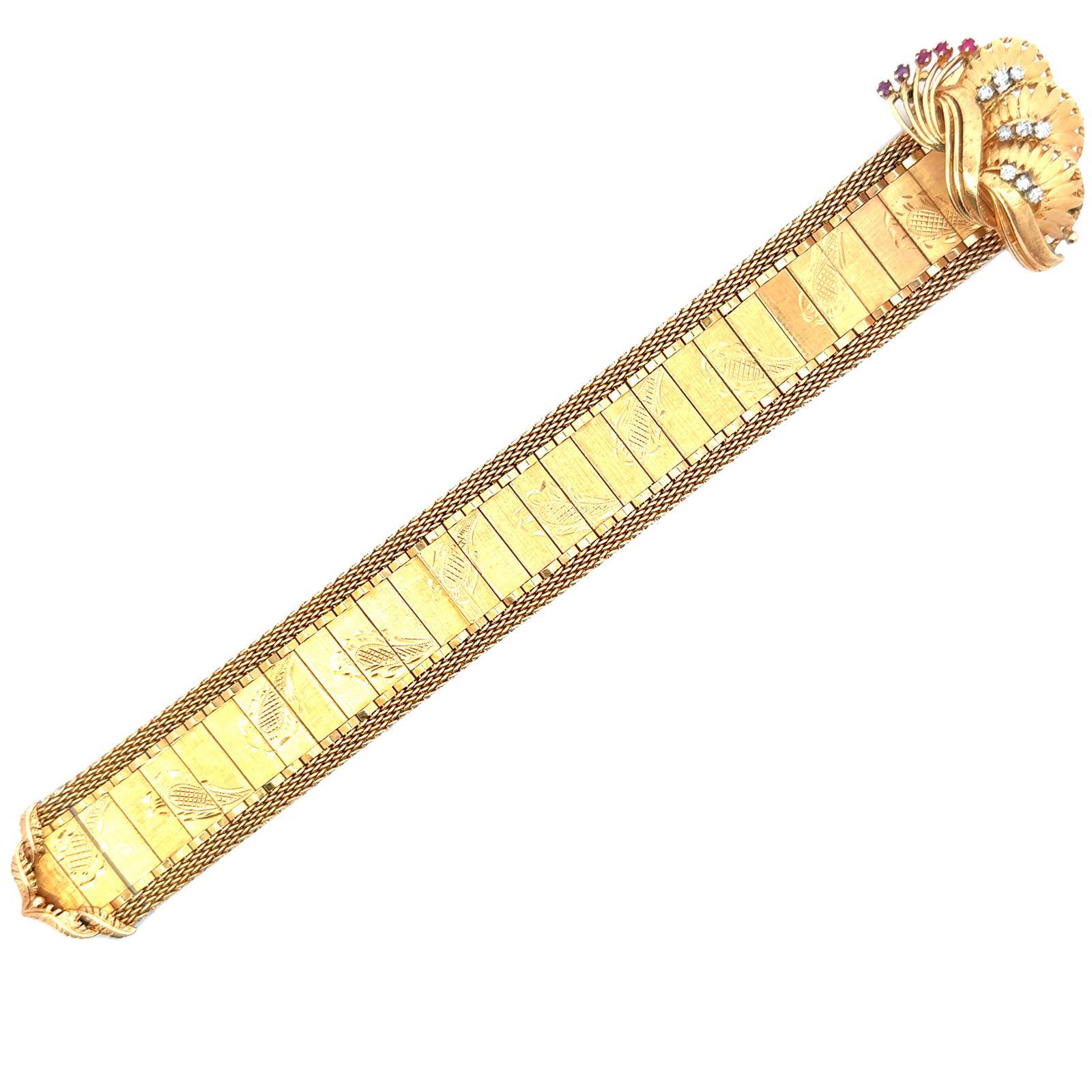 Retro Diamond Ruby Wide Buckle 14 Karat Yellow Gold Estate Bracelet 2