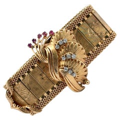 Retro Diamond Ruby Wide Buckle 14 Karat Yellow Gold Estate Bracelet