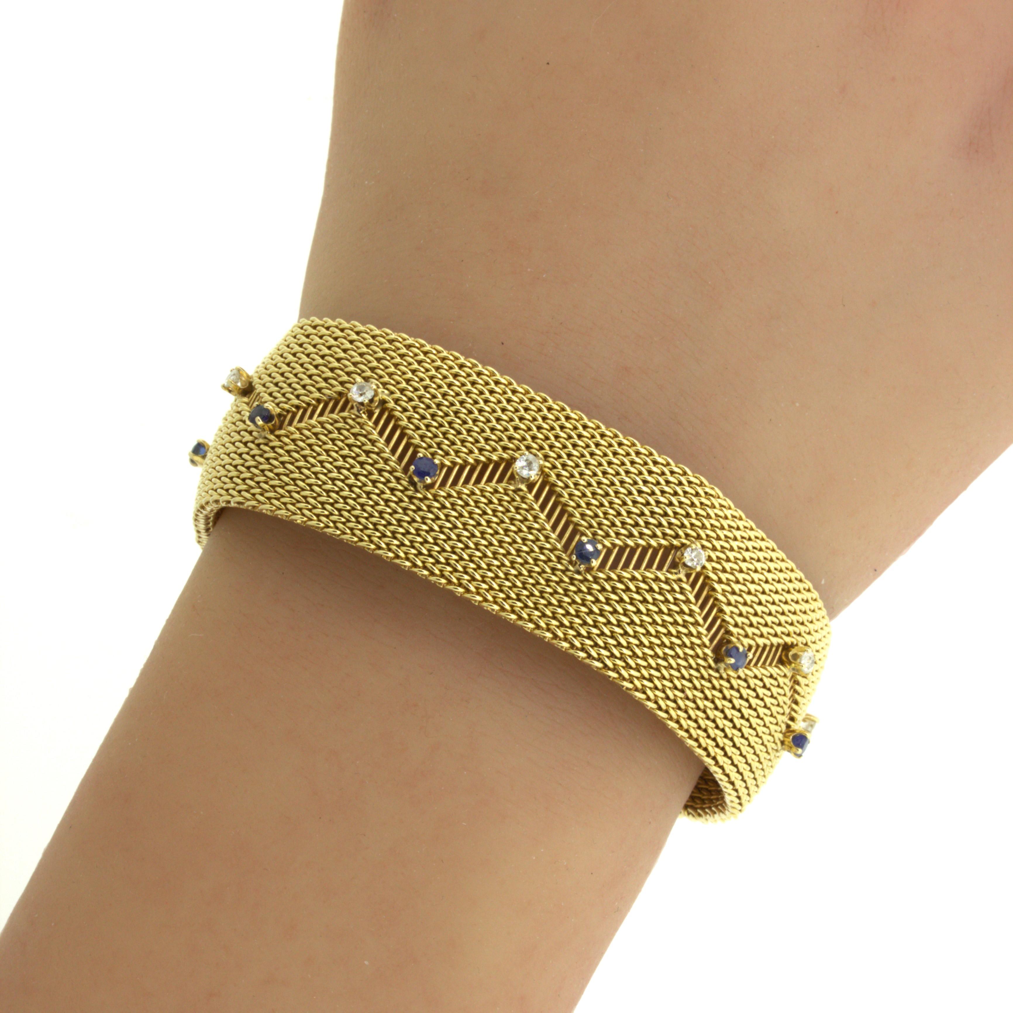 Retro Diamond Sapphire 14k Yellow Gold Mesh Bracelet For Sale 2