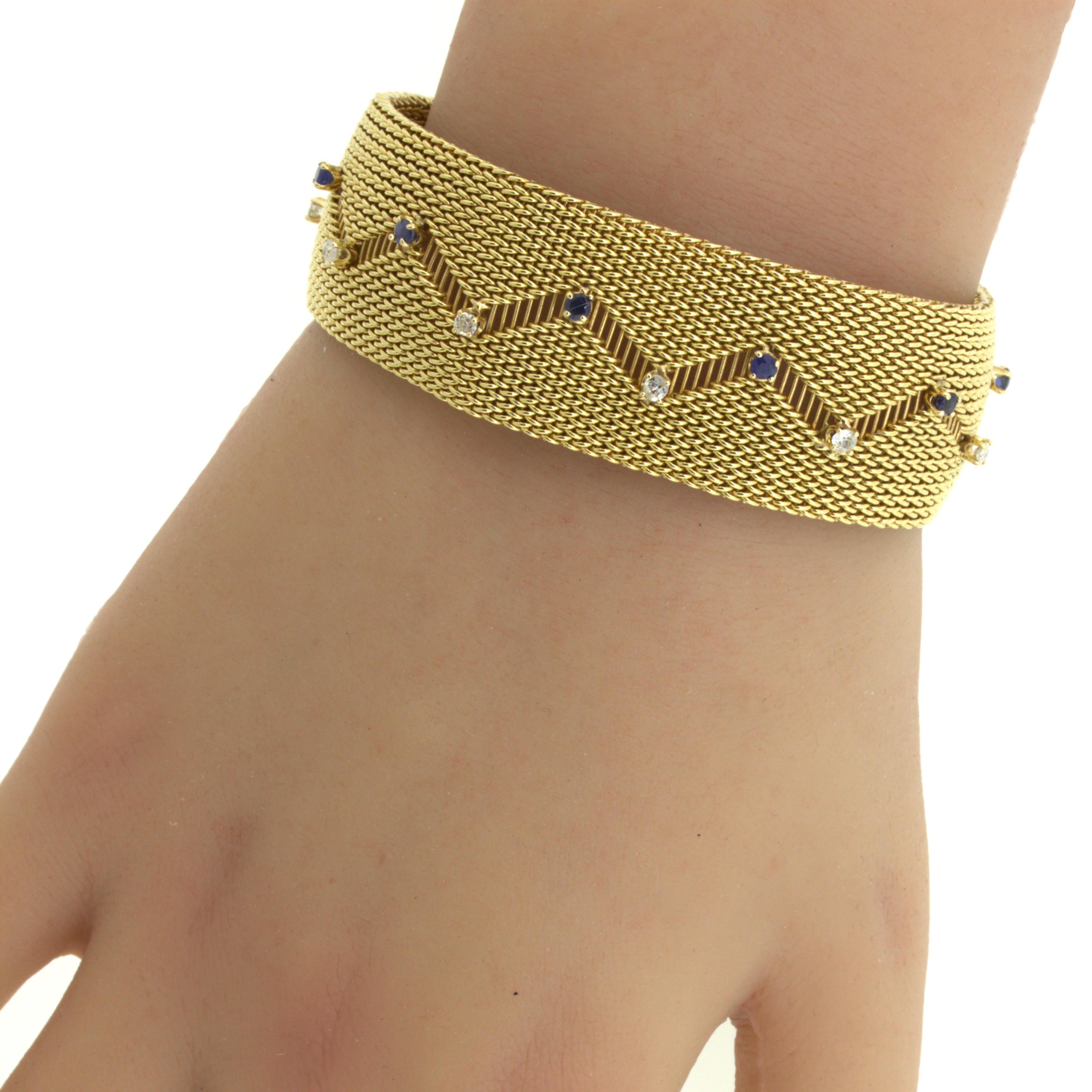 Retro Diamond Sapphire 14k Yellow Gold Mesh Bracelet For Sale 3