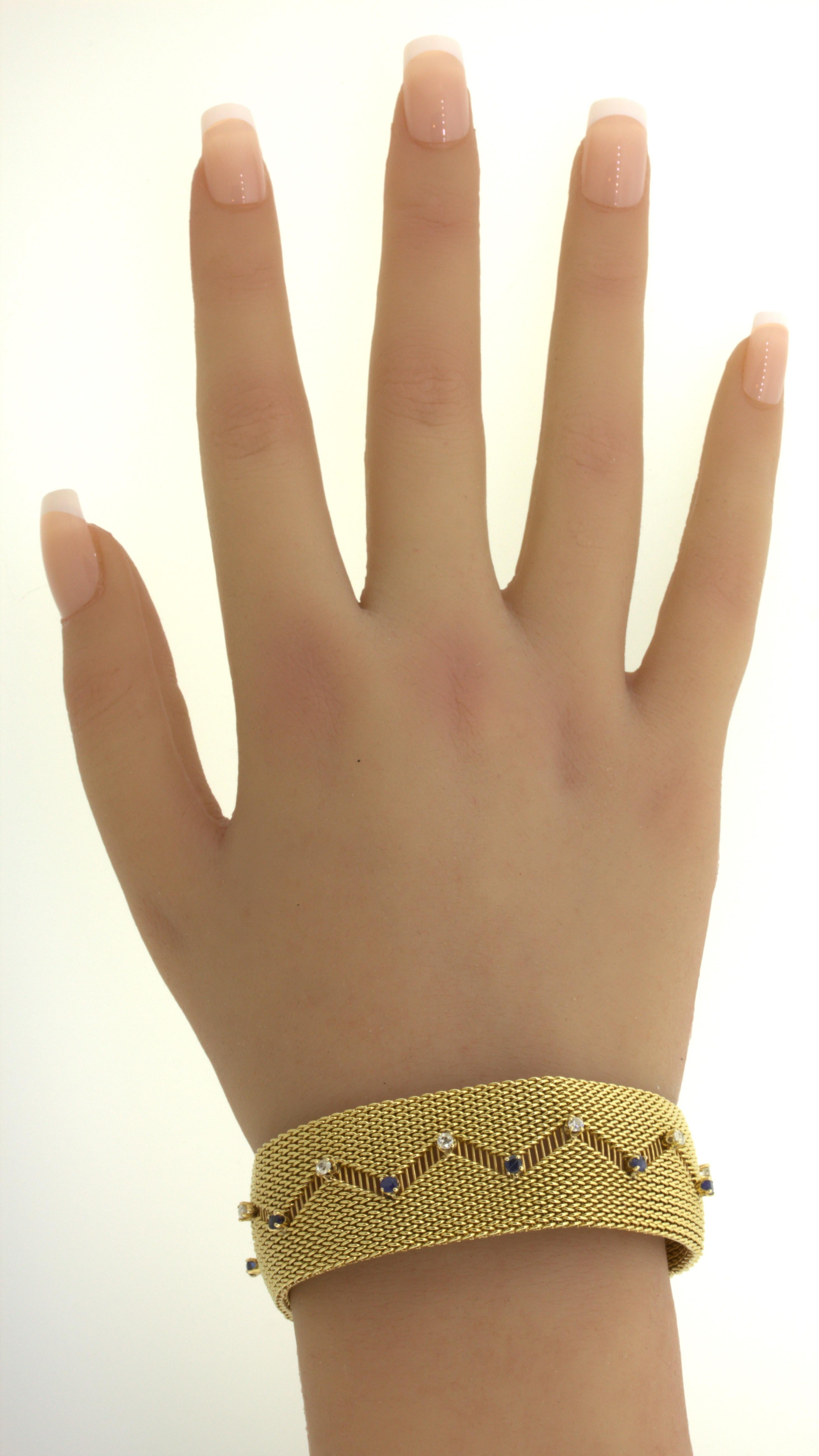 Retro Diamond Sapphire 14k Yellow Gold Mesh Bracelet For Sale 4