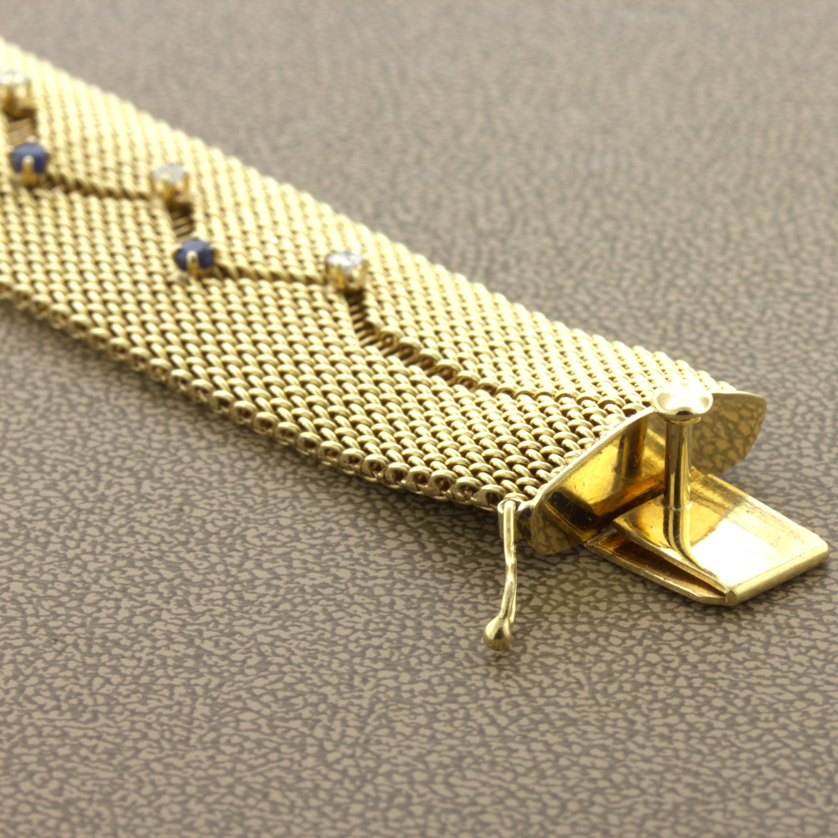 A lovely treasure from the 1940’s! The bracelet features 1 carat of diamond and blue sapphire set in a zigzagging pattern across the piece. It is made in a gold mesh design that has excellent bend and flex allowing it to comfortably rest flat on the
