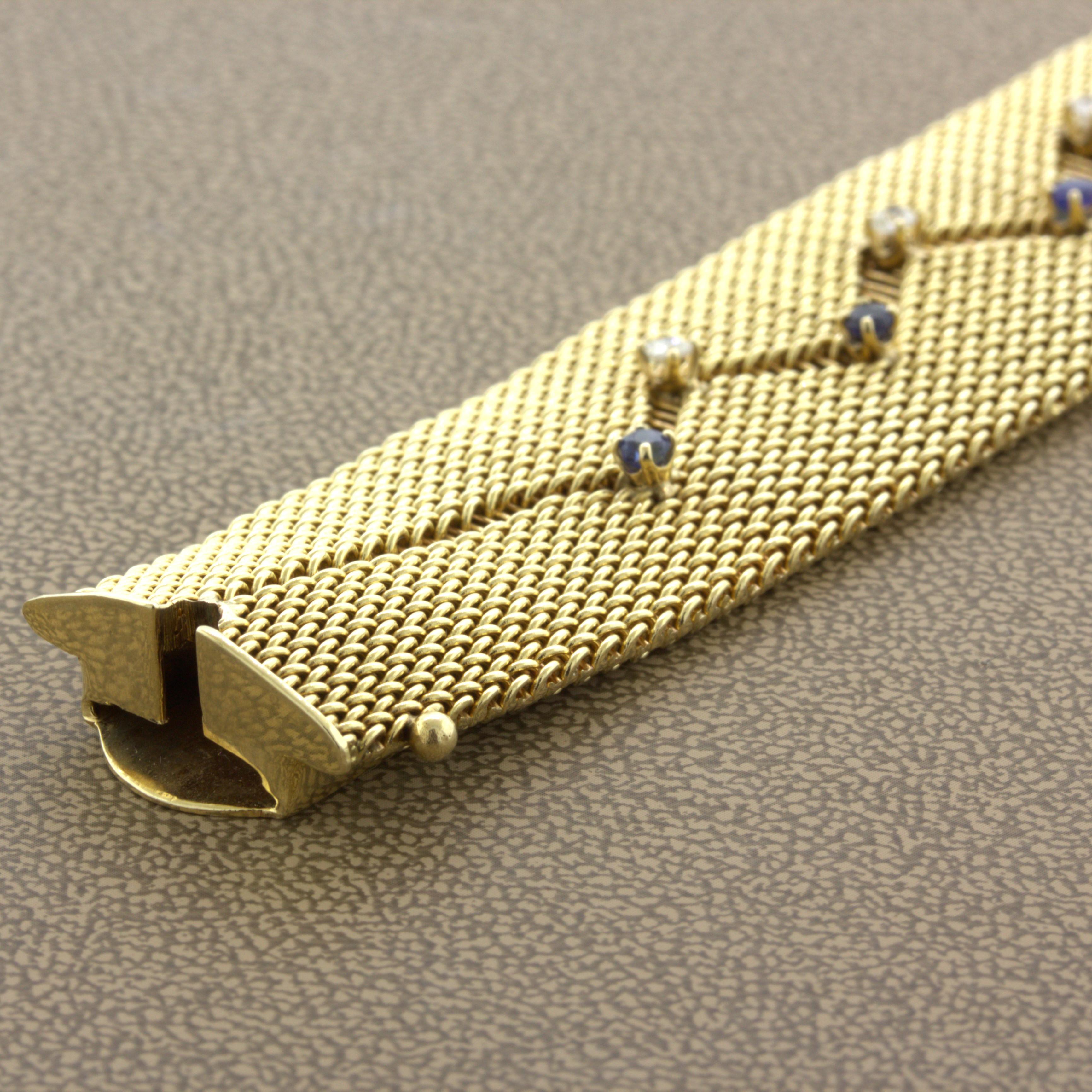 Taille ronde Bracelet rétro en or jaune 14k avec diamants et saphirs en vente