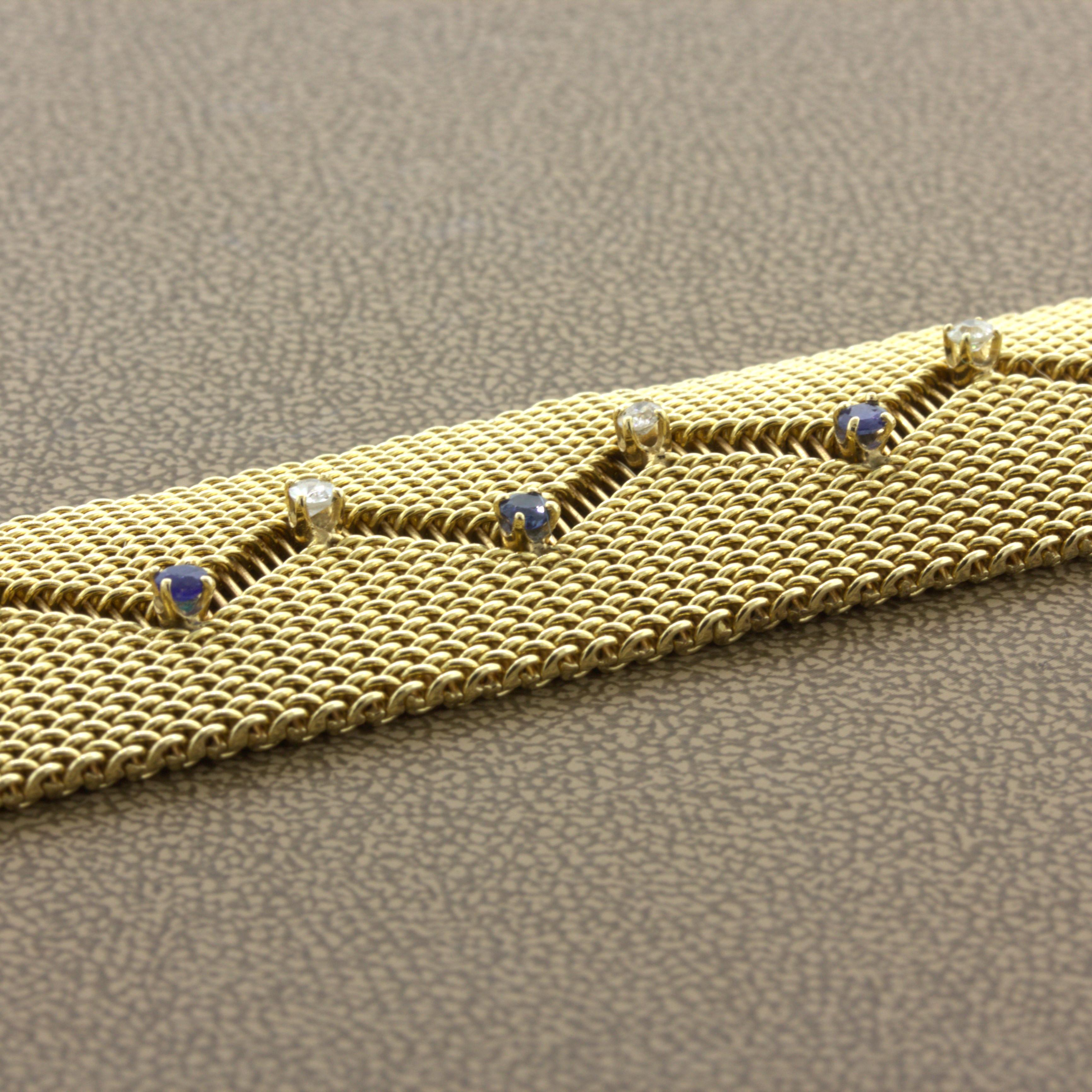 Bracelet rétro en or jaune 14k avec diamants et saphirs Neuf - En vente à Beverly Hills, CA