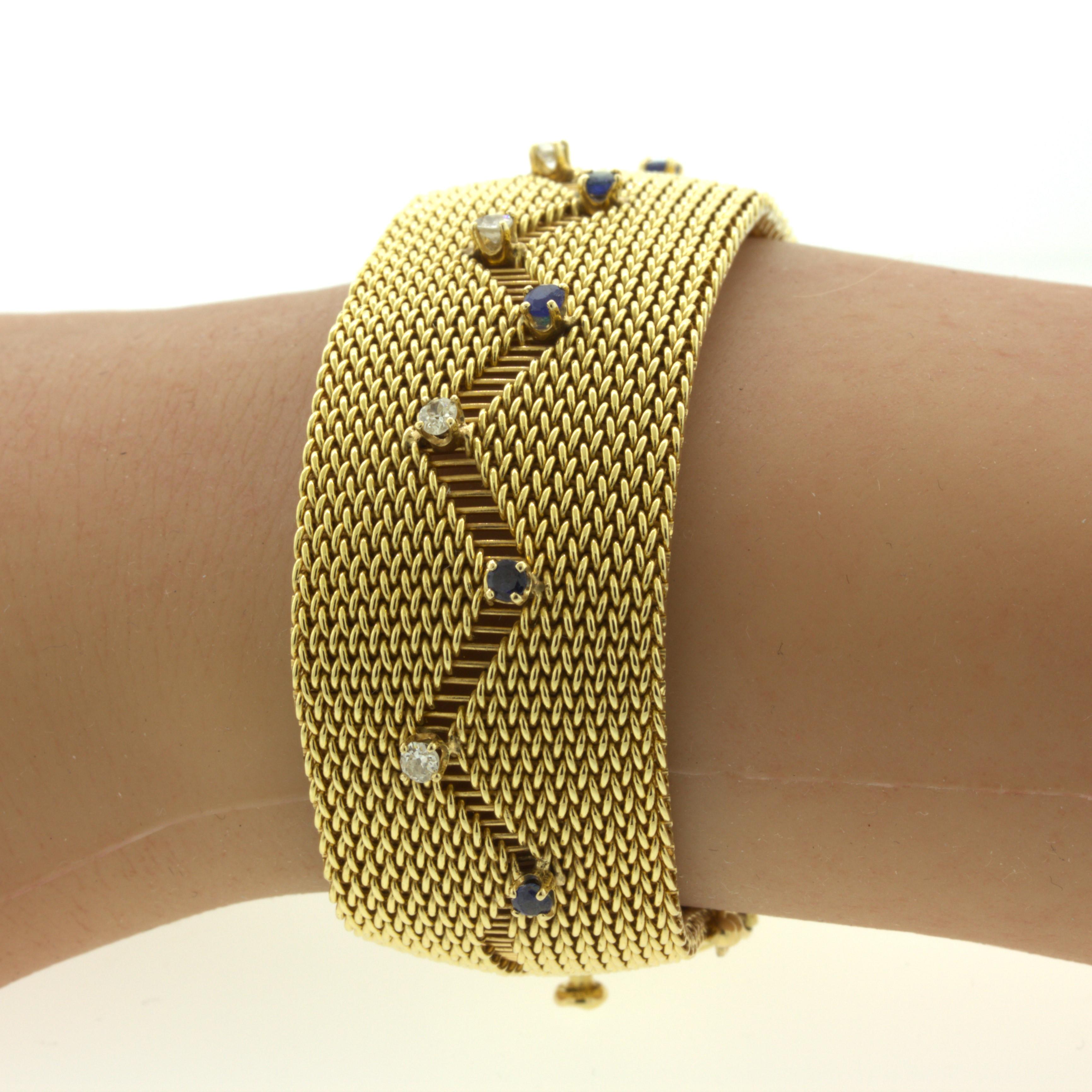 Round Cut Retro Diamond Sapphire 14k Yellow Gold Mesh Bracelet For Sale