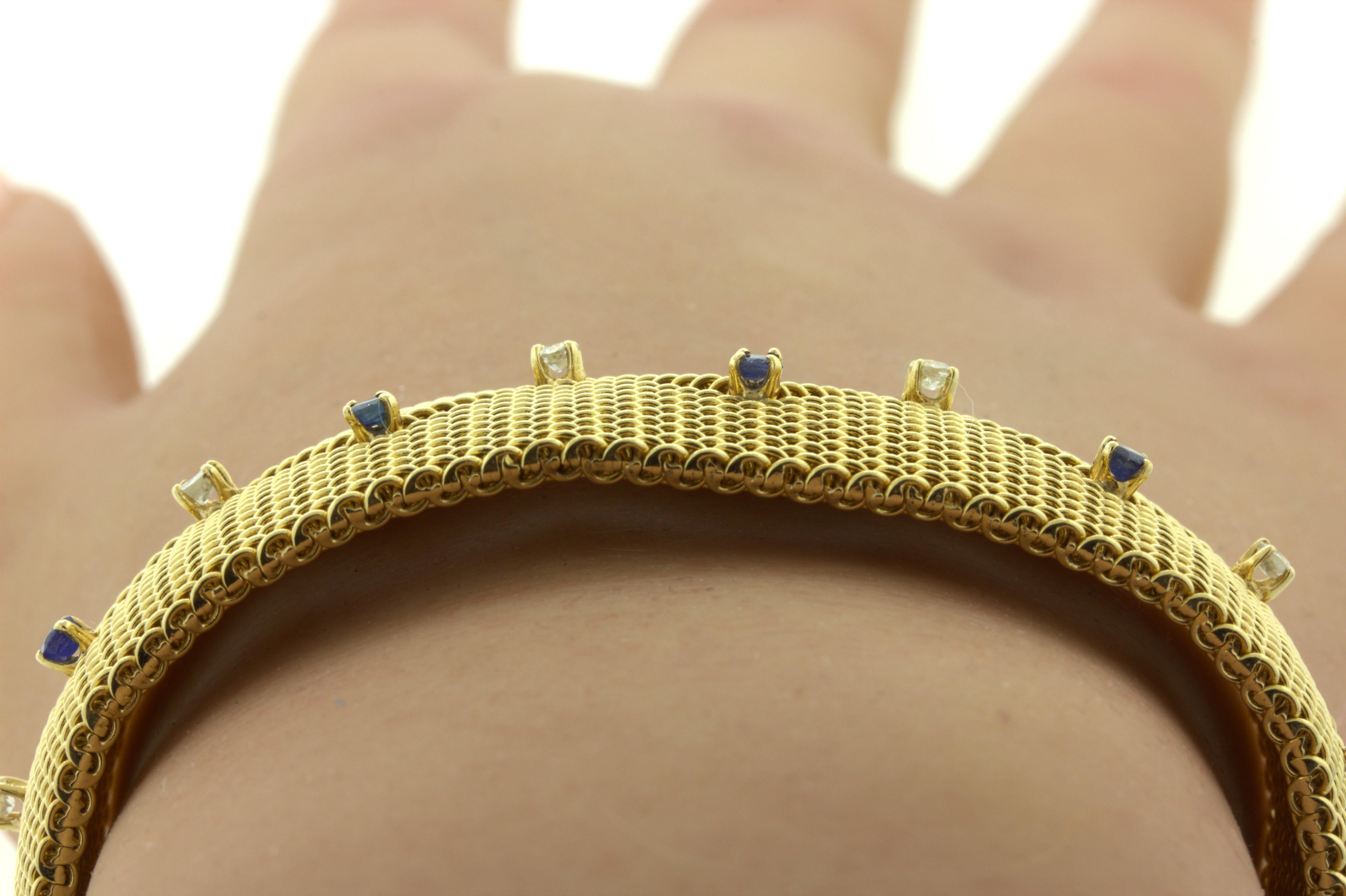 Women's Retro Diamond Sapphire 14k Yellow Gold Mesh Bracelet For Sale