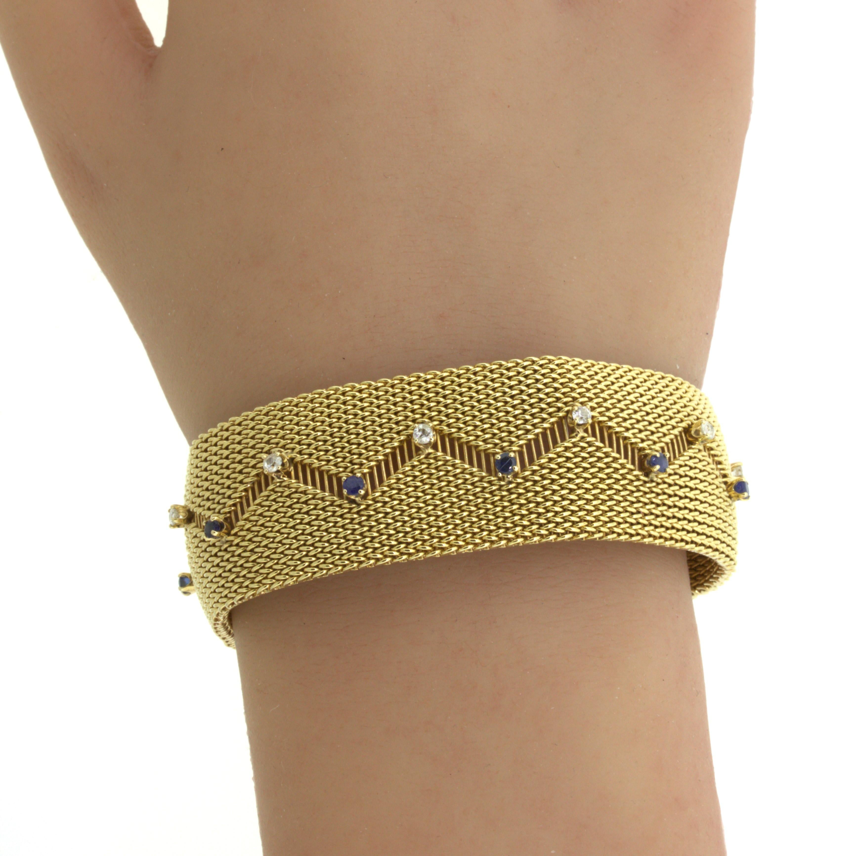 Retro Diamond Sapphire 14k Yellow Gold Mesh Bracelet For Sale 1