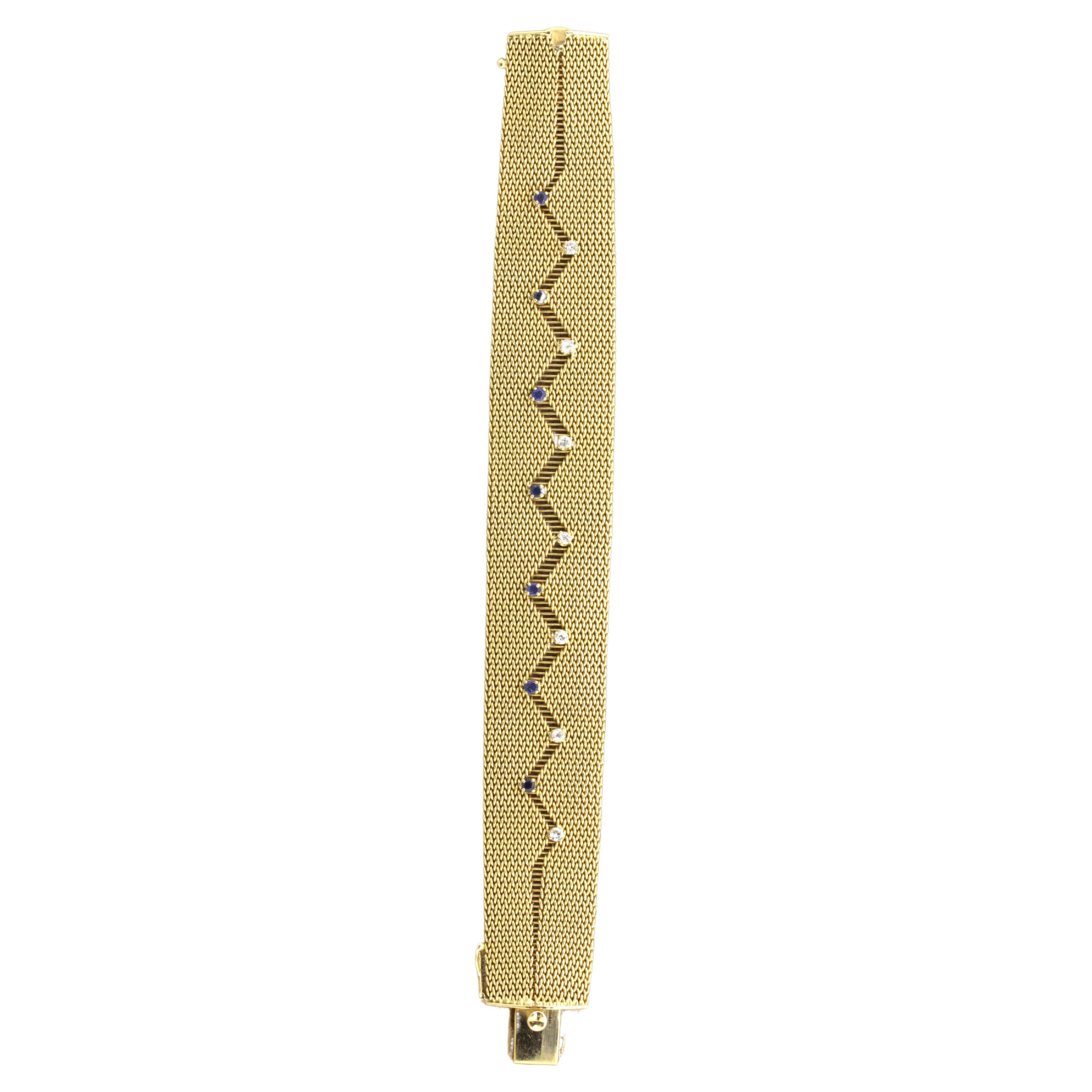 Retro Diamond Sapphire 14k Yellow Gold Mesh Bracelet