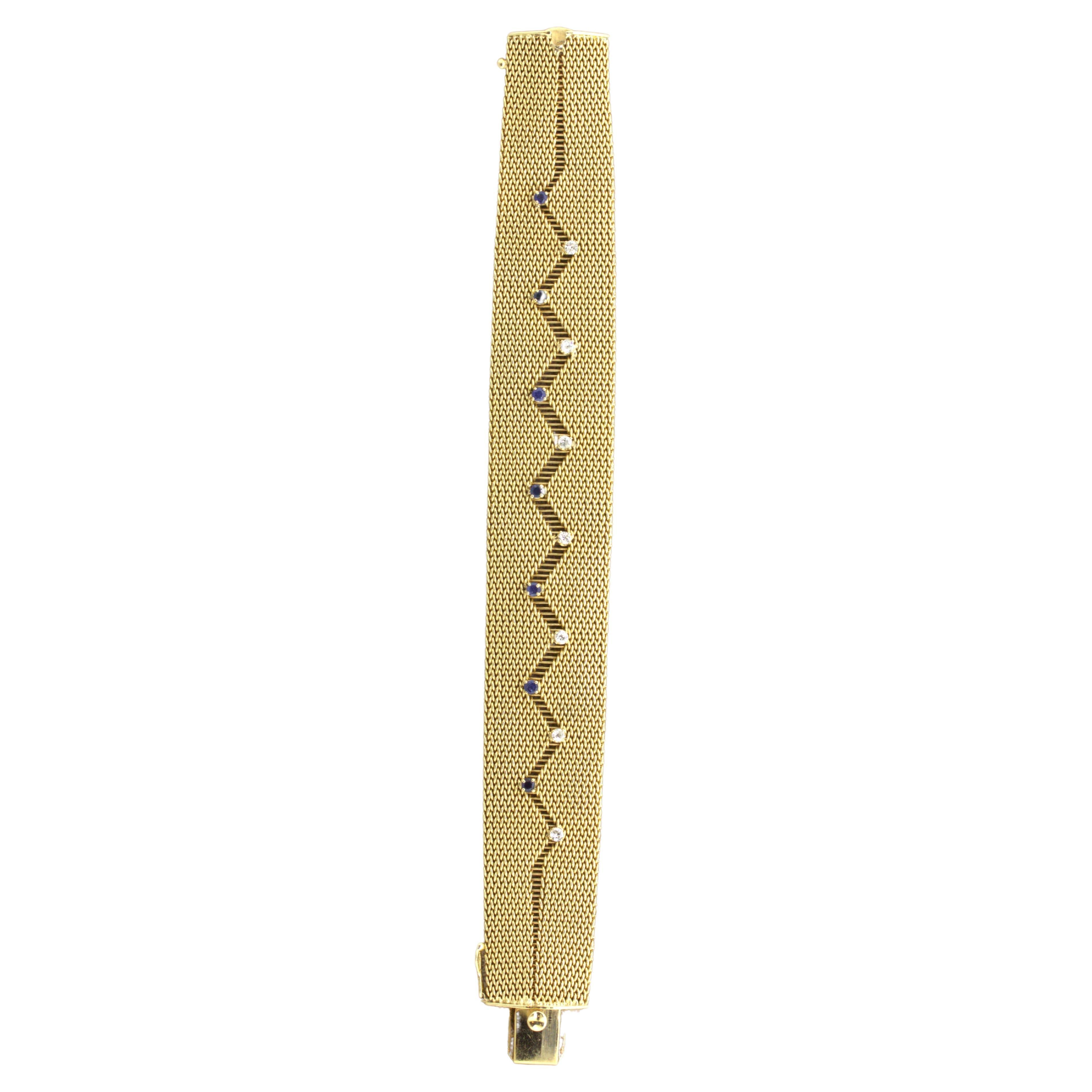 Retro Diamond Sapphire 14k Yellow Gold Mesh Bracelet For Sale