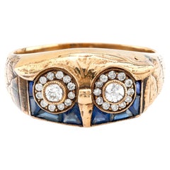 Retro diamond sapphire 14k yellow gold owl ring