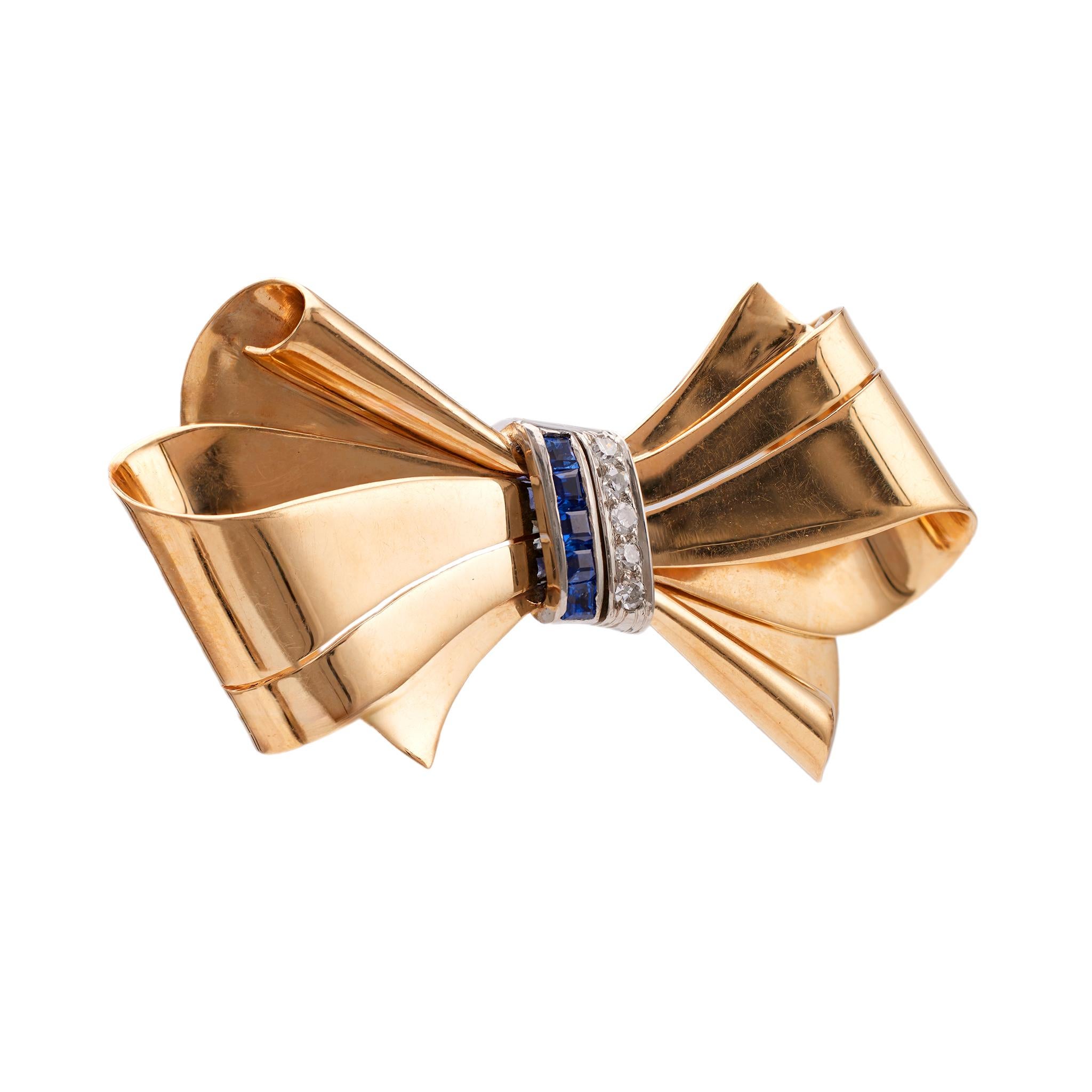 Women's or Men's Retro Diamond Sapphire 14k Yellow Gold Platinum Bow Brooch For Sale