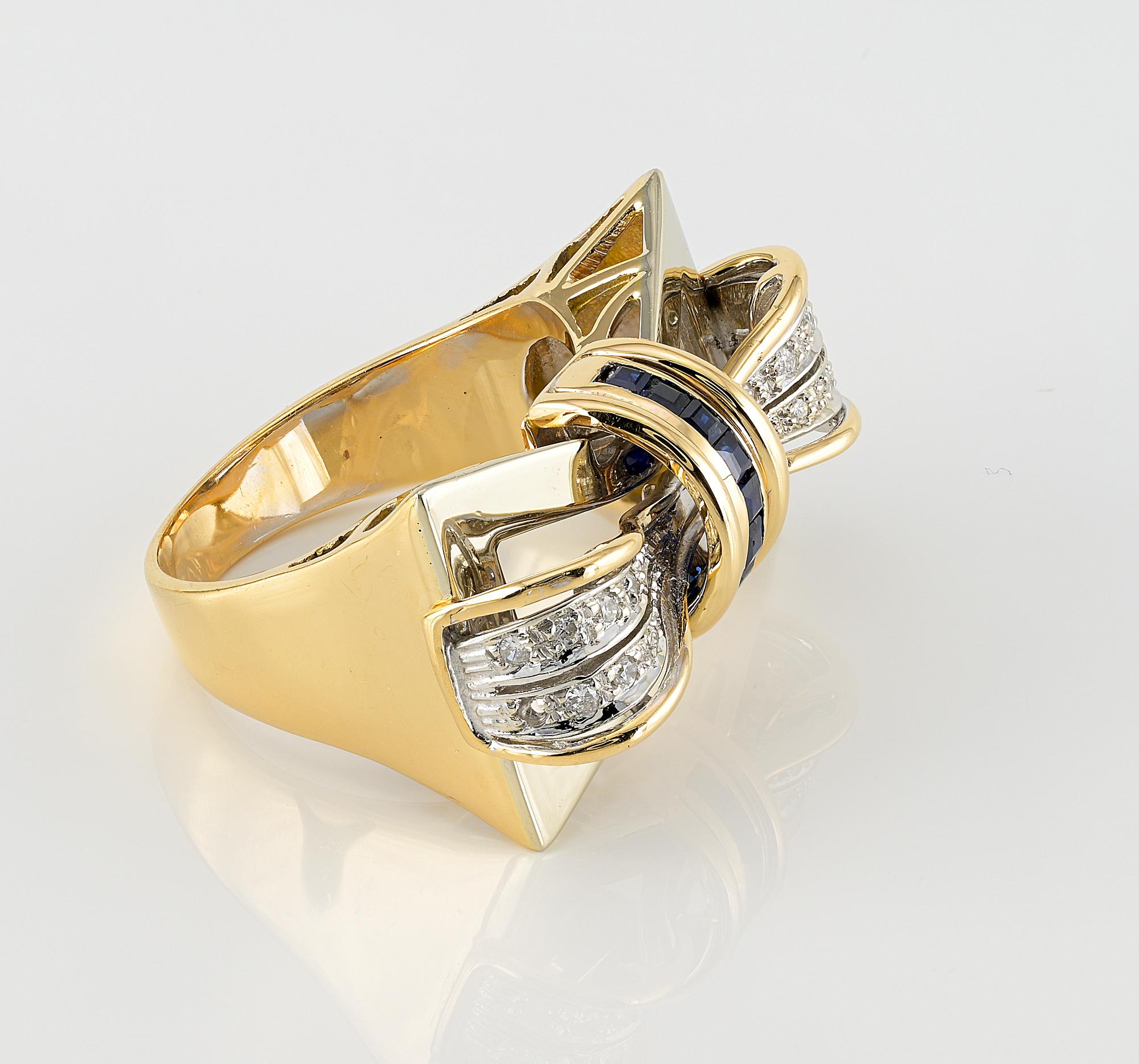 Square Cut Retro Diamond Sapphire Bow Bi-Color 18 KT Ring For Sale