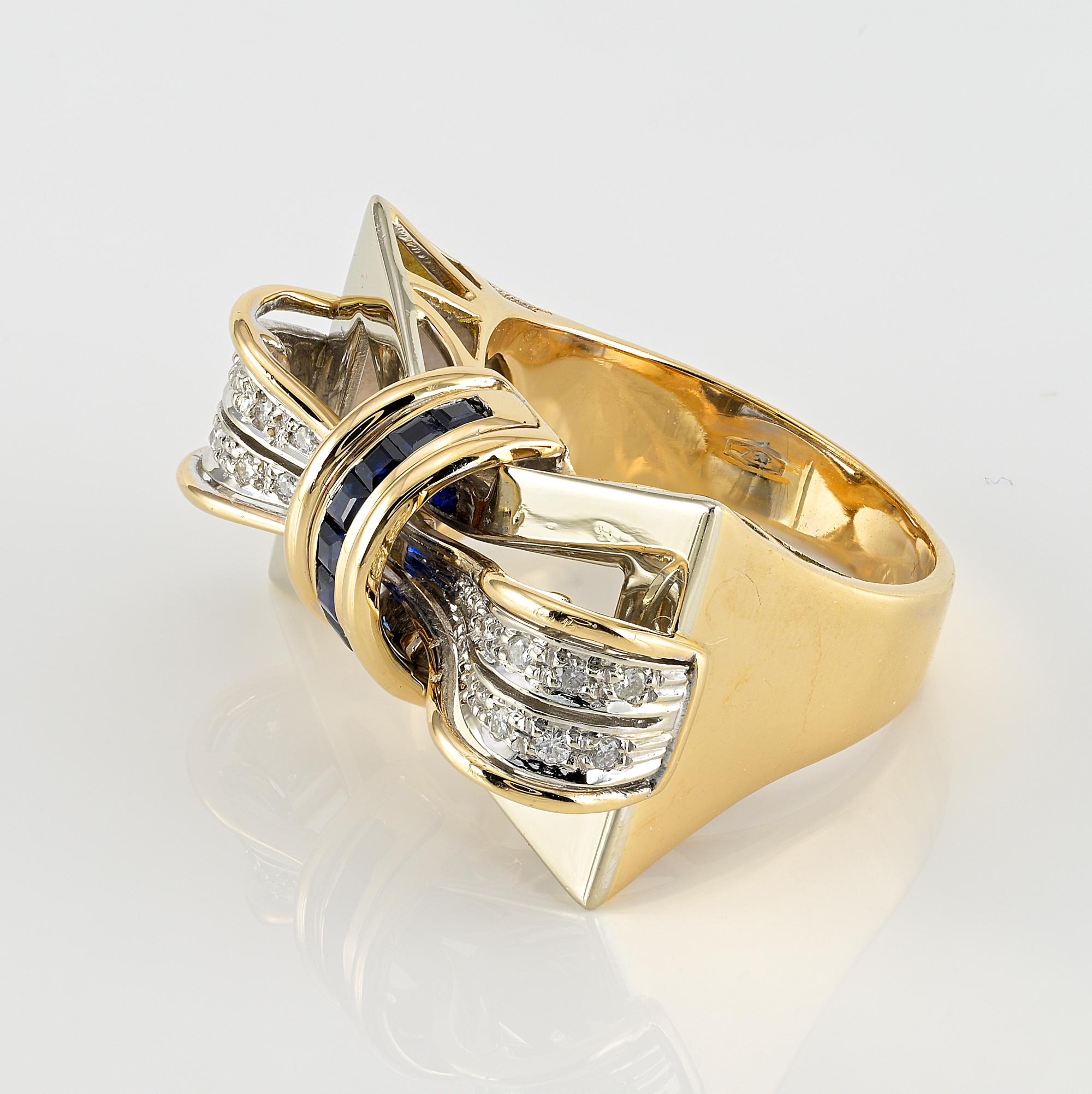 Women's Retro Diamond Sapphire Bow Bi-Color 18 KT Ring For Sale