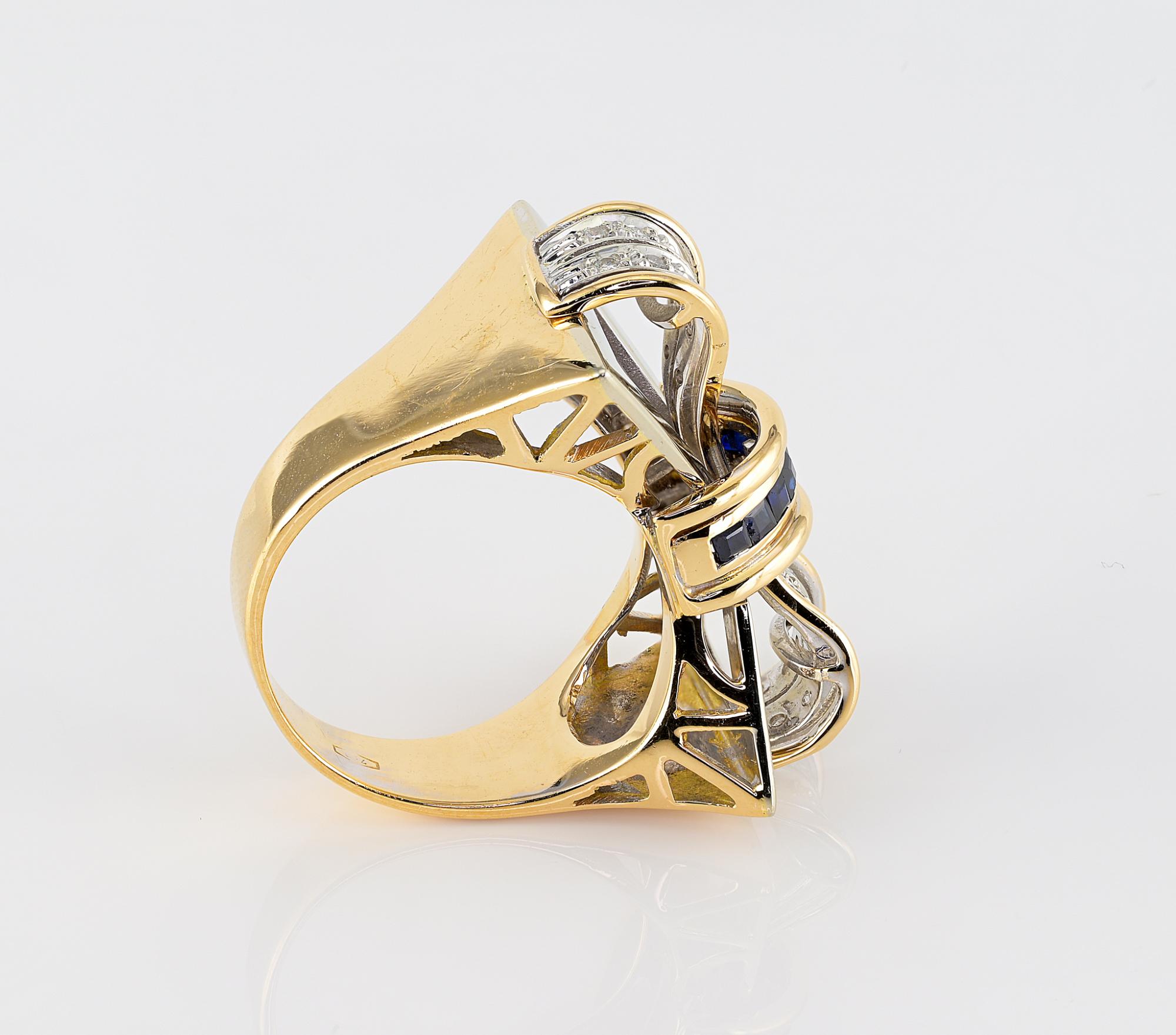 Retro Diamond Sapphire Bow Bi-Color 18 KT Ring For Sale 2