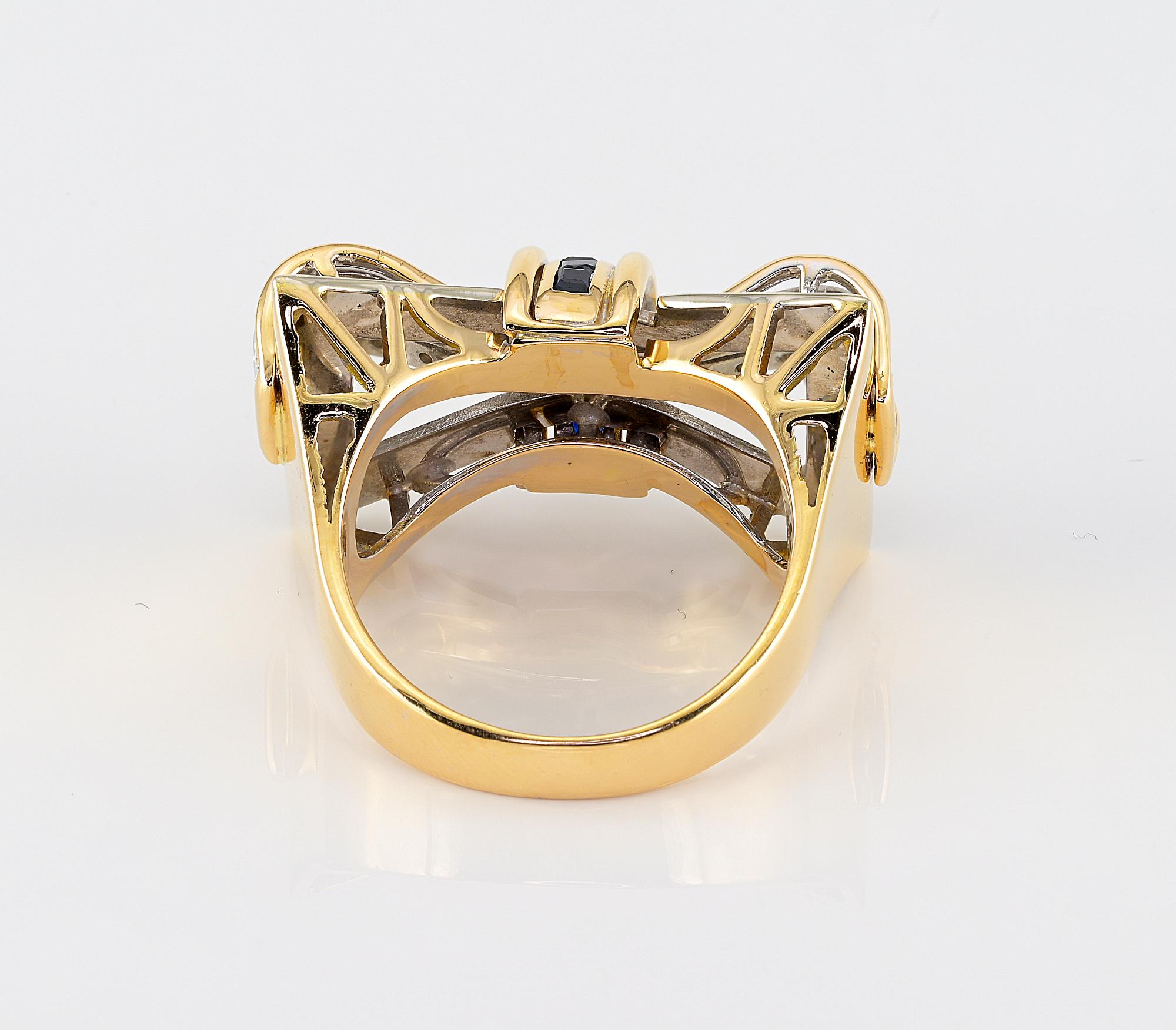 Retro Diamant-Saphir-Schleife Bi-Color 18 KT Ring im Angebot 3