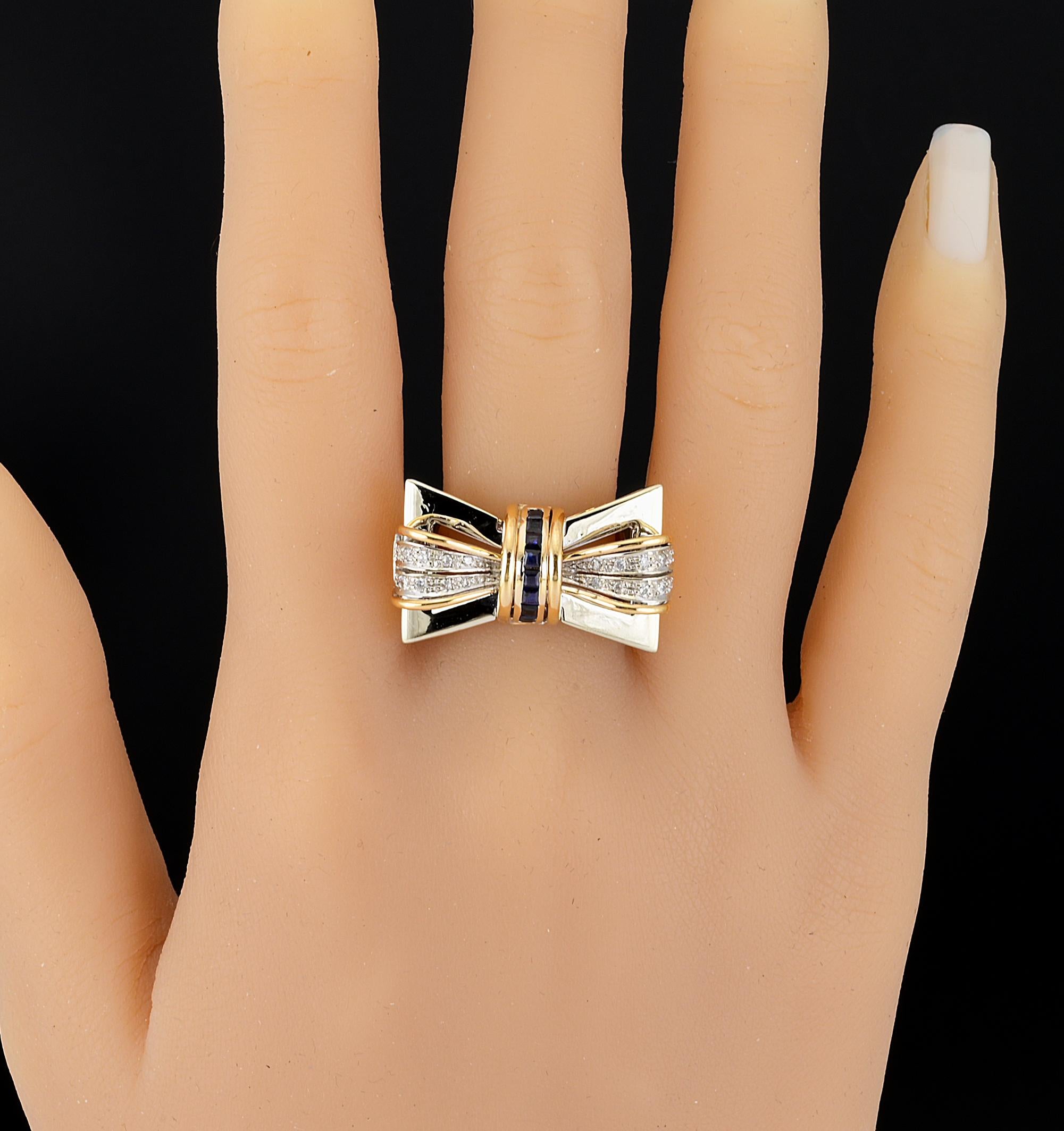 Retro Diamond Sapphire Bow Bi-Color 18 KT Ring For Sale 4