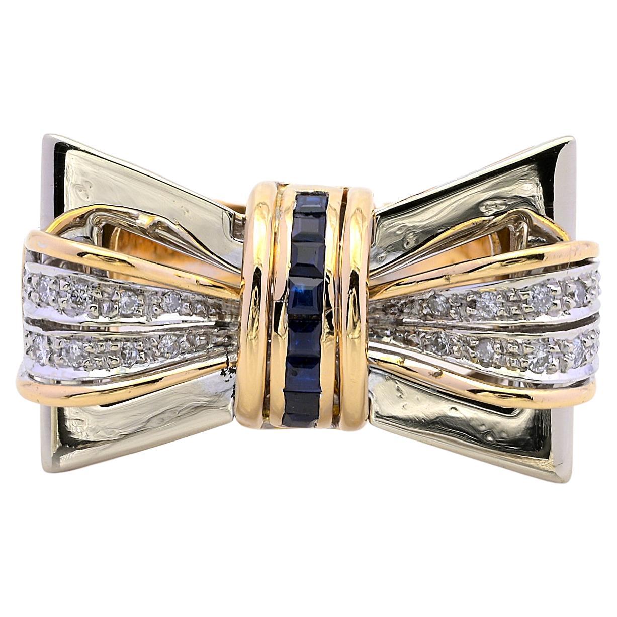 Retro Diamond Sapphire Bow Bi-Color 18 KT Ring For Sale