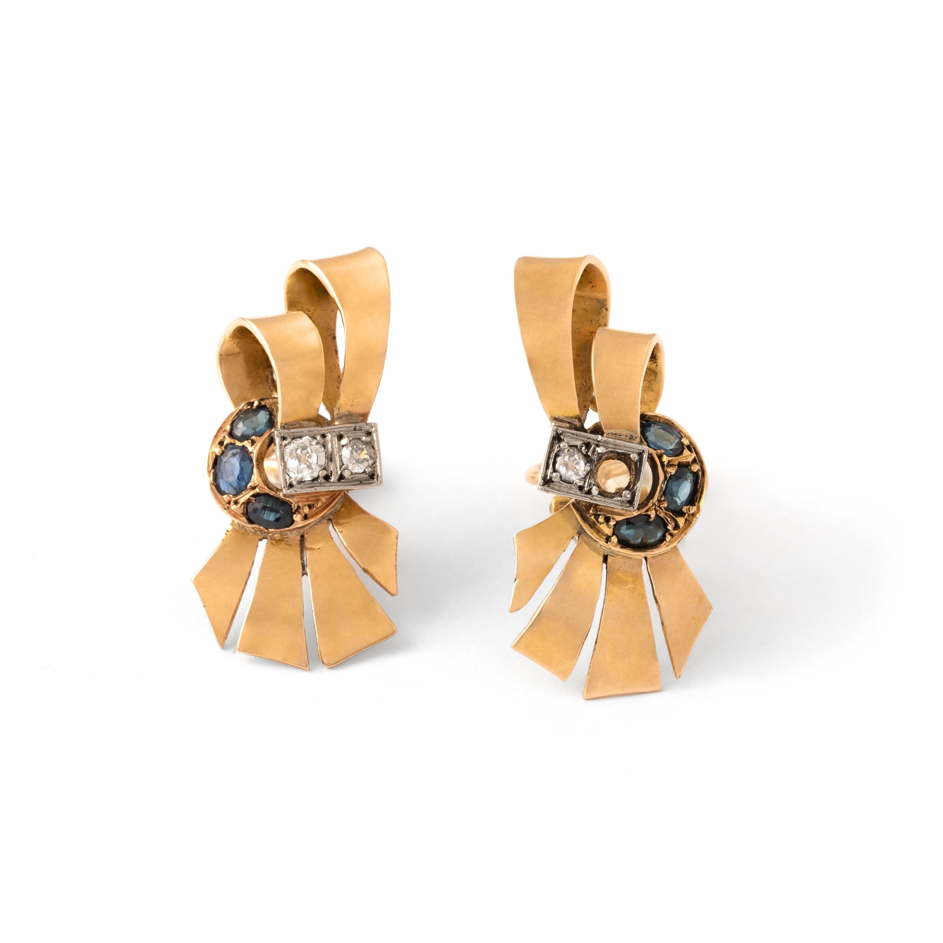 Taglio vecchia miniera Orecchini retrò in oro 18 carati con diamante e zaffiro 1950S in vendita