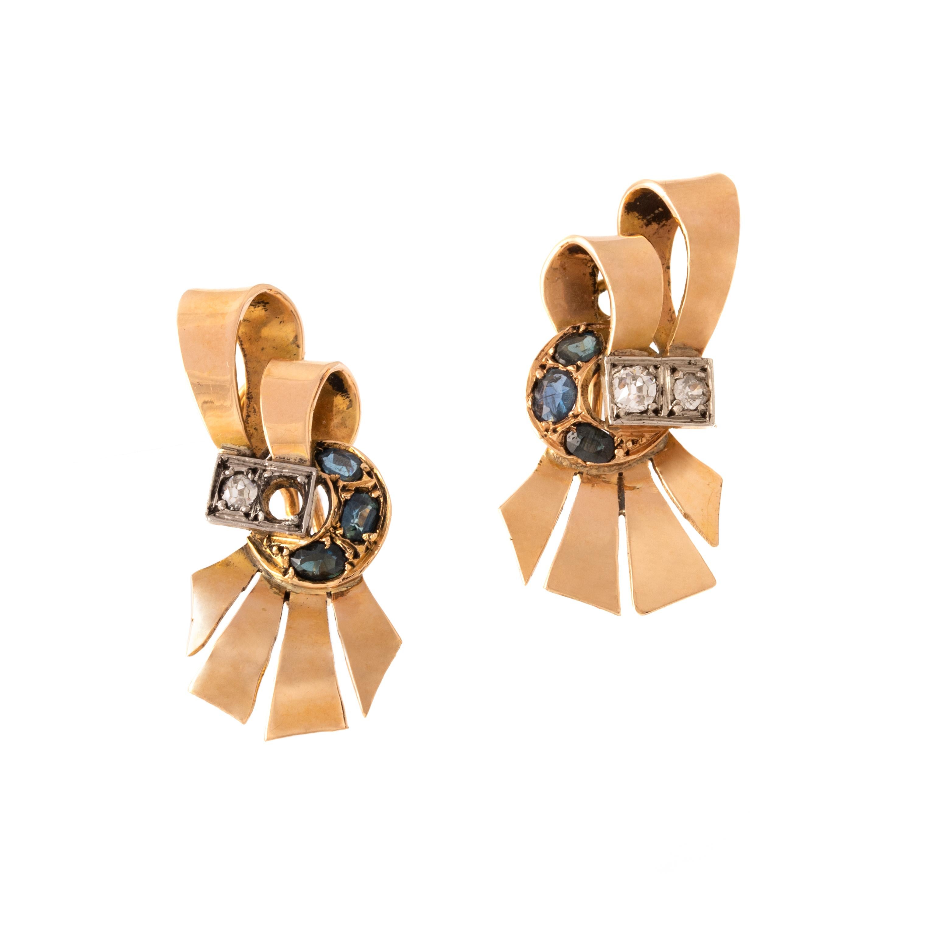 Orecchini retrò in oro 18 carati con diamante e zaffiro 1950S In condizioni buone in vendita a Geneva, CH