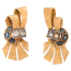 Retro Diamond Sapphire Gold 18K Earrings 1950S