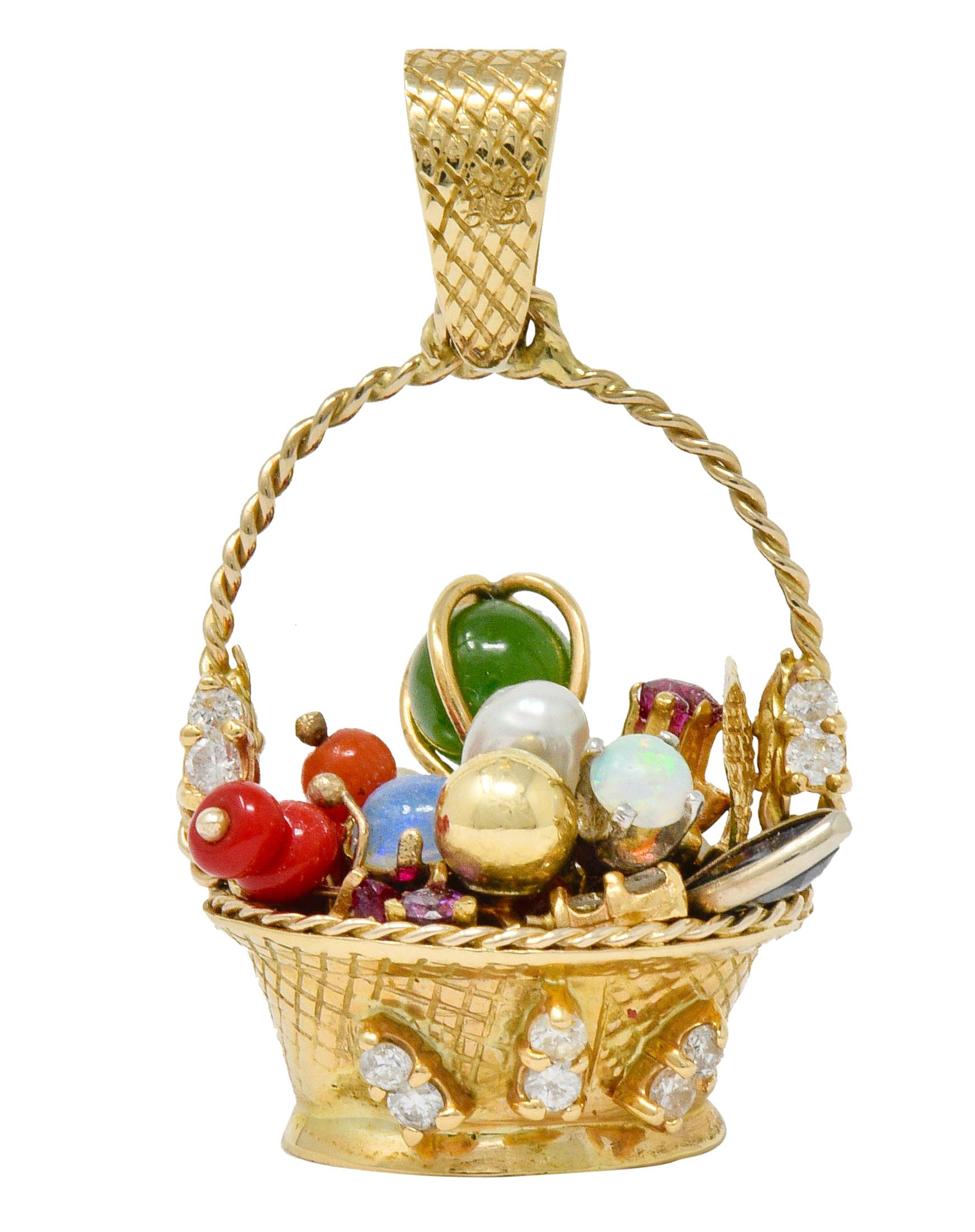 Designed as a basket, deeply engraved with a woven motif, and with an articulated twisted rope handle

Overflowing with sapphire, opal, pearl, and others; colorful with variety in shape and size

Accented throughout by round brilliant cut diamonds