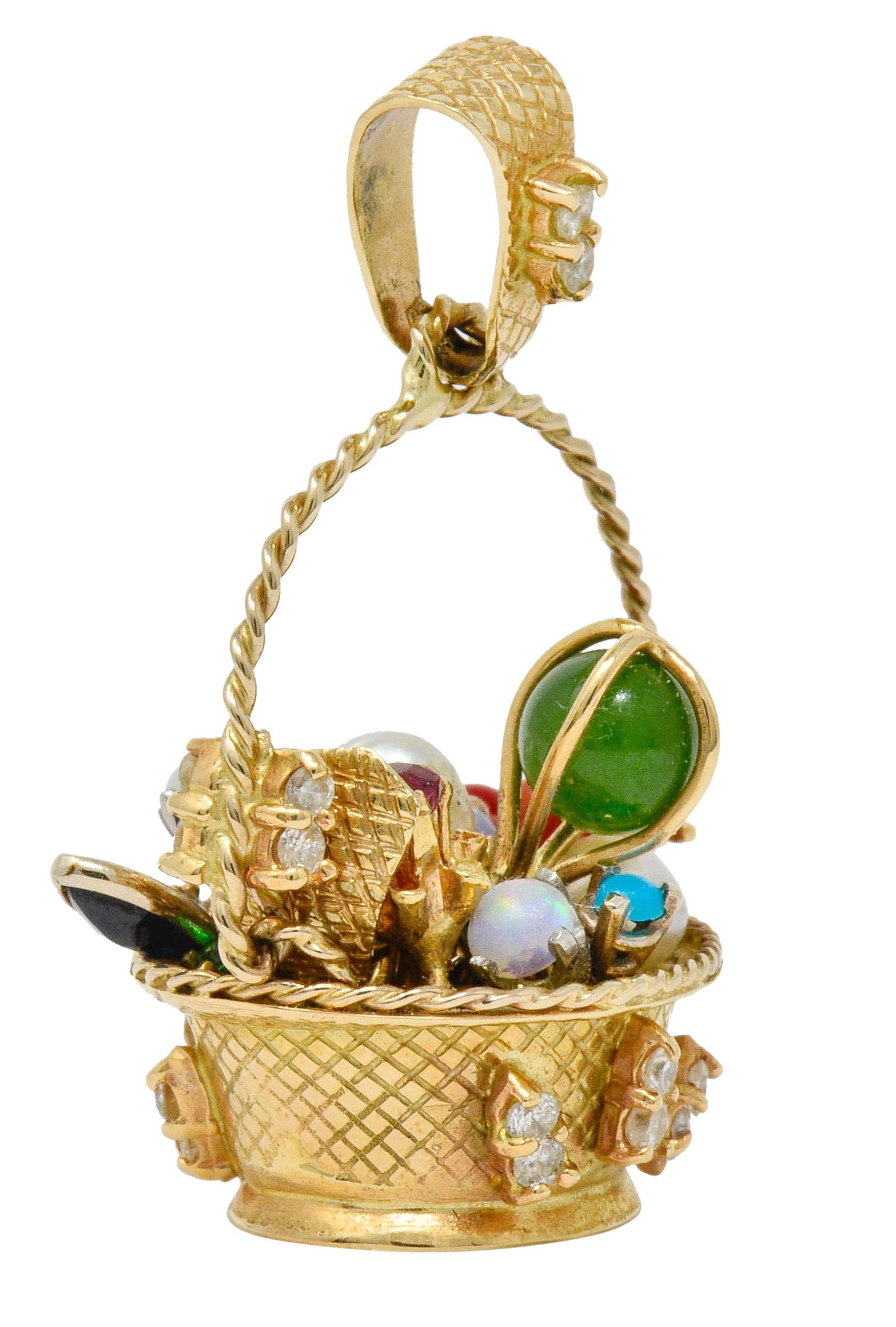 Brilliant Cut Retro Diamond Sapphire Opal Multi-Gem 14 Karat Gold Fruit Basket Pendant Charm