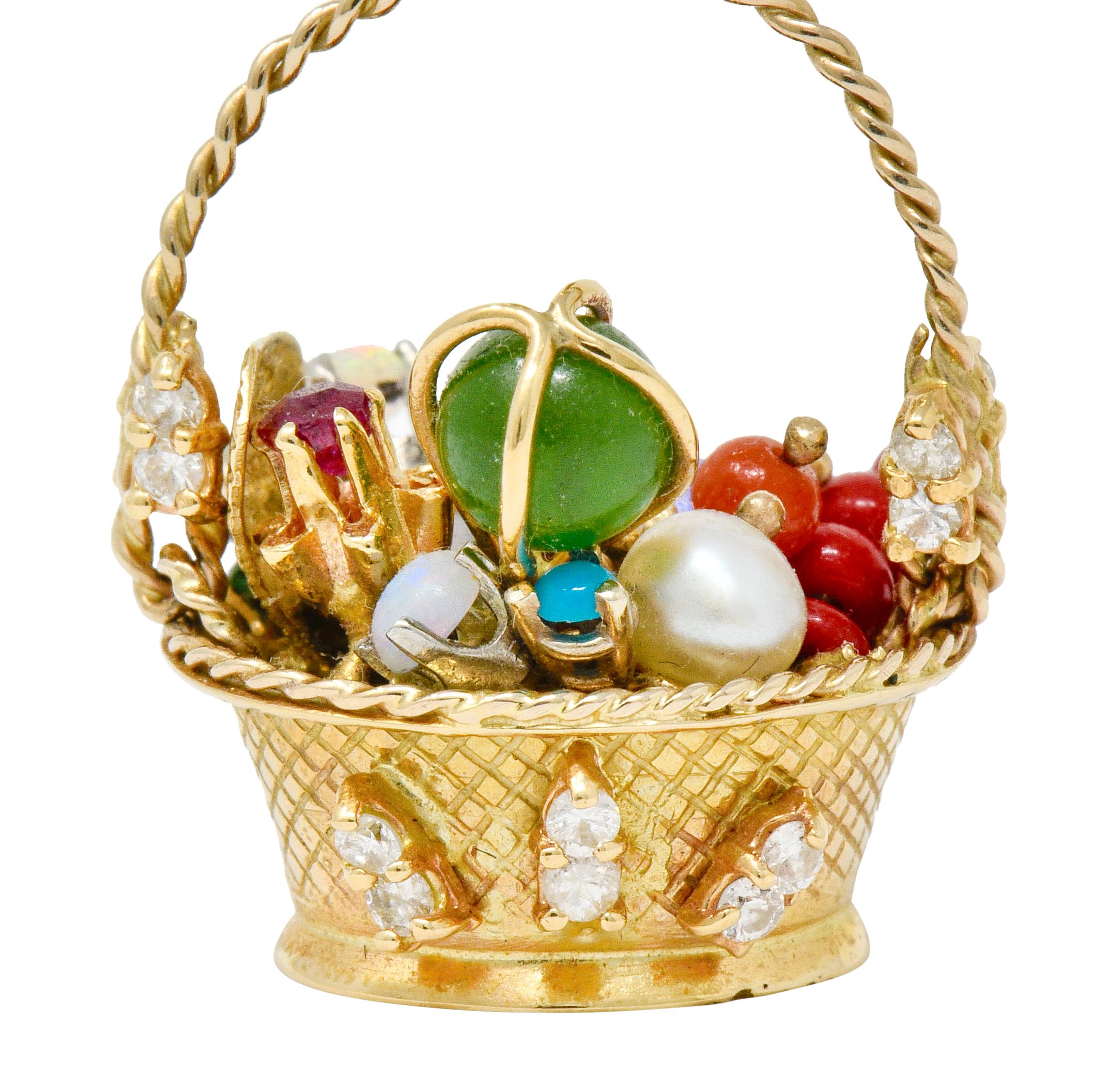 Women's or Men's Retro Diamond Sapphire Opal Multi-Gem 14 Karat Gold Fruit Basket Pendant Charm