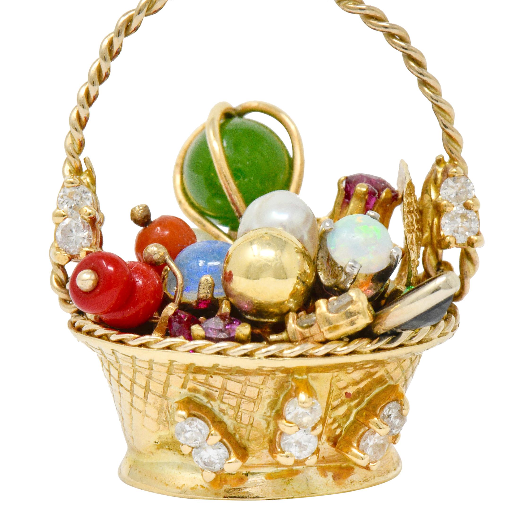 Retro Diamond Sapphire Opal Multi-Gem 14 Karat Gold Fruit Basket Pendant Charm 1