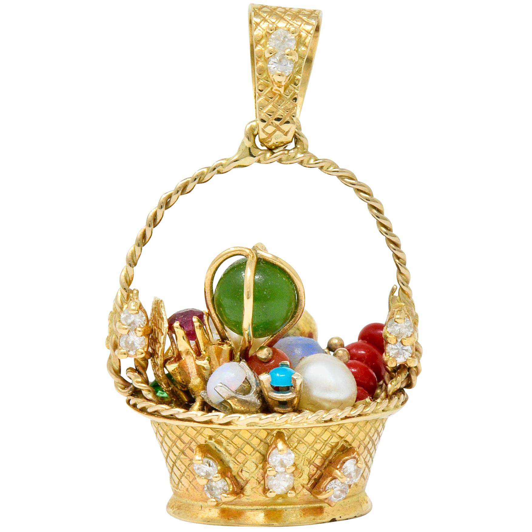 Retro Diamond Sapphire Opal Multi-Gem 14 Karat Gold Fruit Basket Pendant Charm