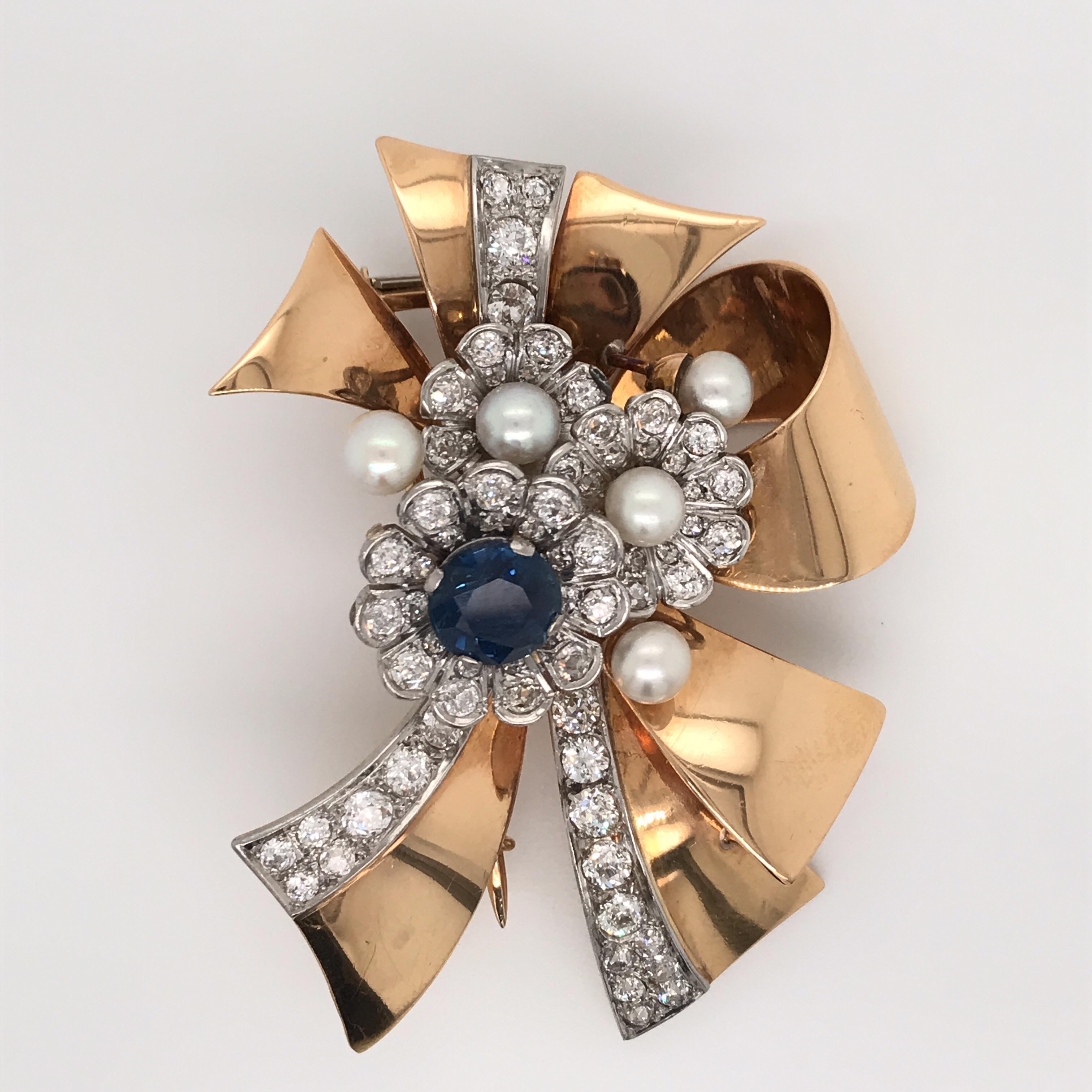 Women's Retro Diamond Sapphire Pearl Brooch 9 Carat 18 Karat Yellow Gold