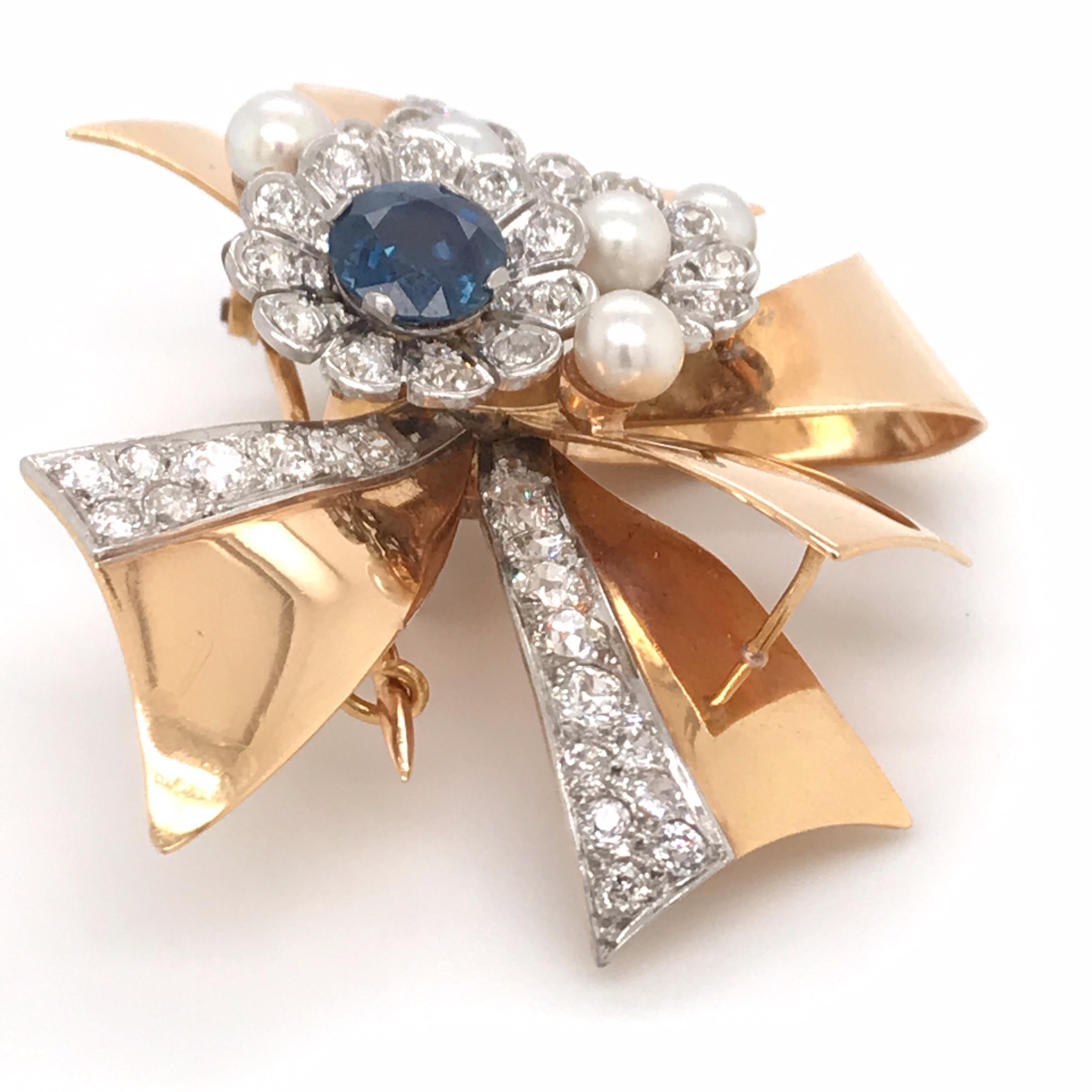 Retro Diamond Sapphire Pearl Brooch 9 Carat 18 Karat Yellow Gold 1