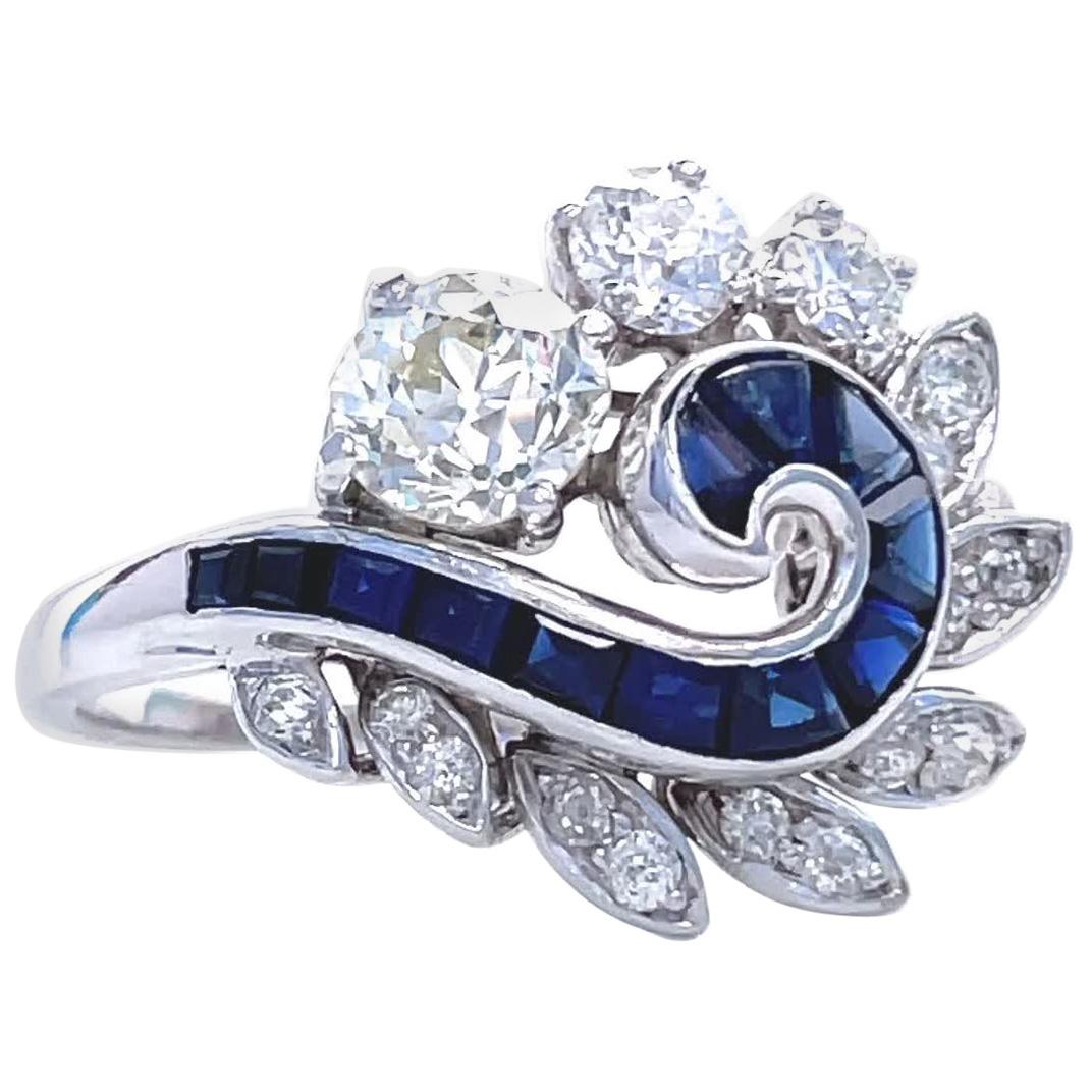 Retro Diamond Sapphire Platinum Ring
