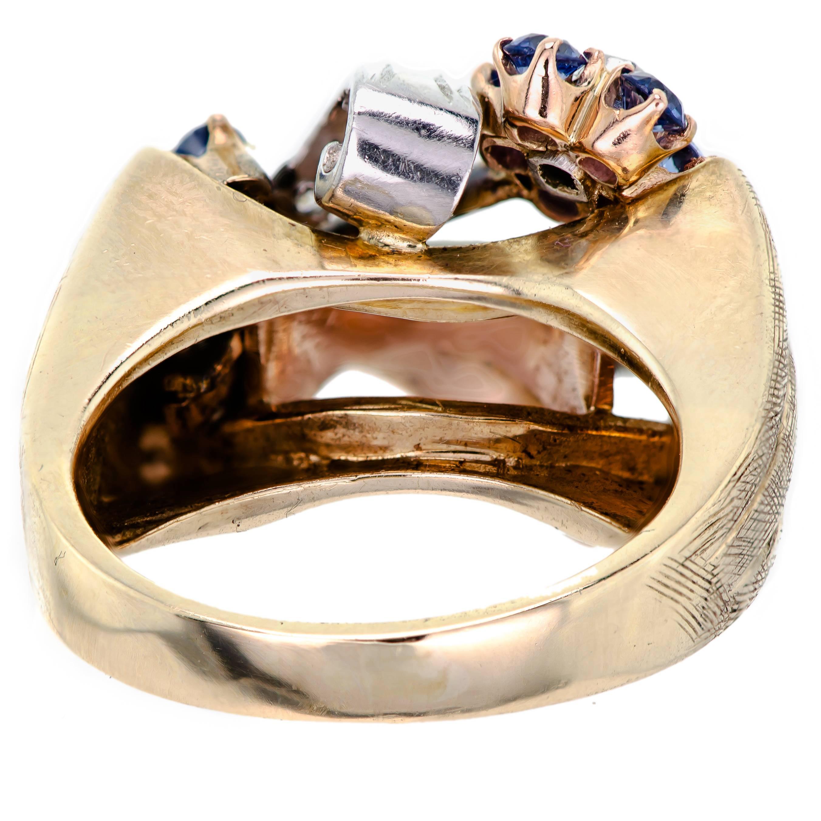 Retro Diamond Sapphire Rose Gold Platinum Stylized Floral Ring In Excellent Condition For Sale In Lombard, IL